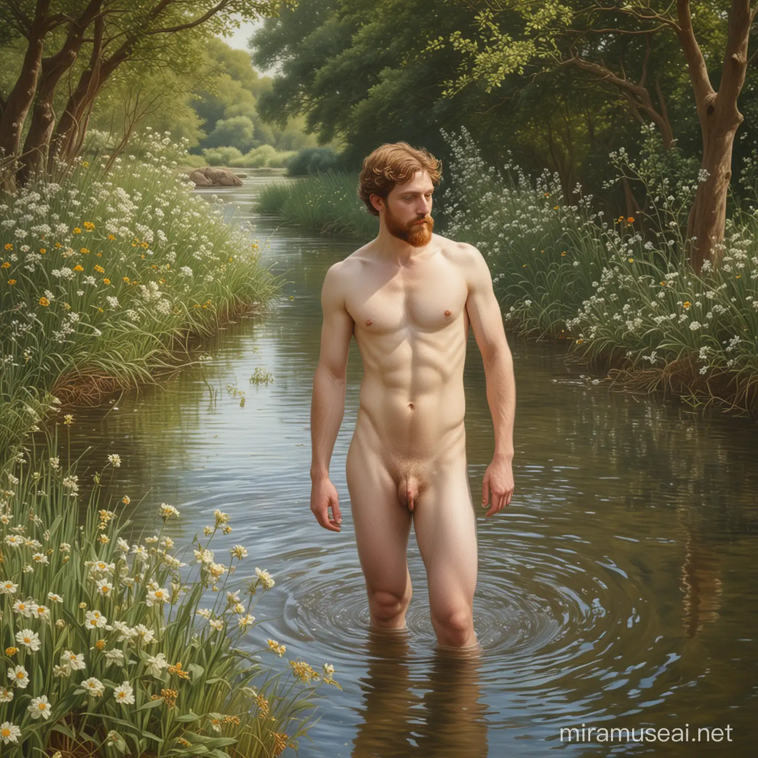 PreRaphaelite Oil Painting of Man Bathing in Clear River with Trees and Flowers