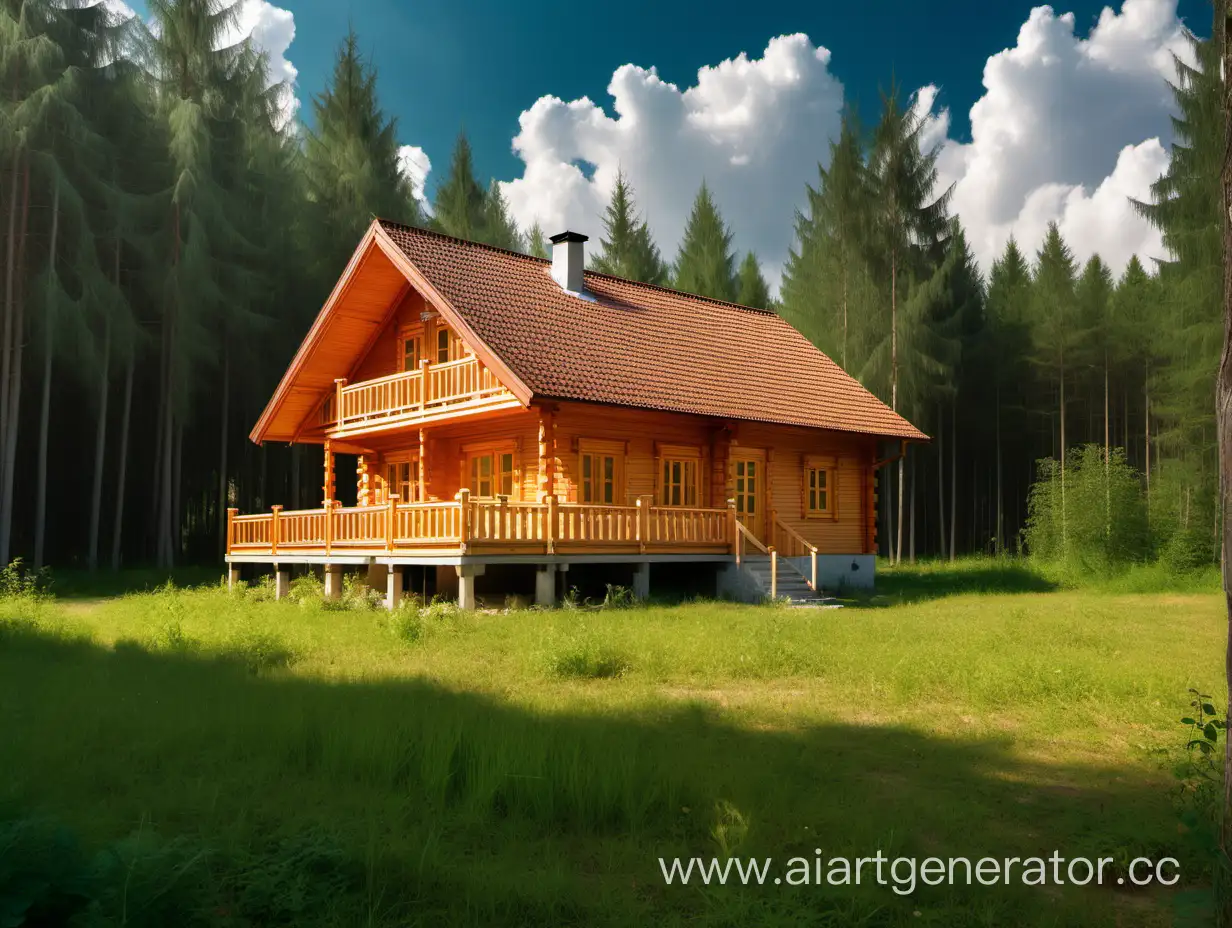 Загородный деревянный дом на участке, на фоне лес, солнечная погода с небольшими облаками.