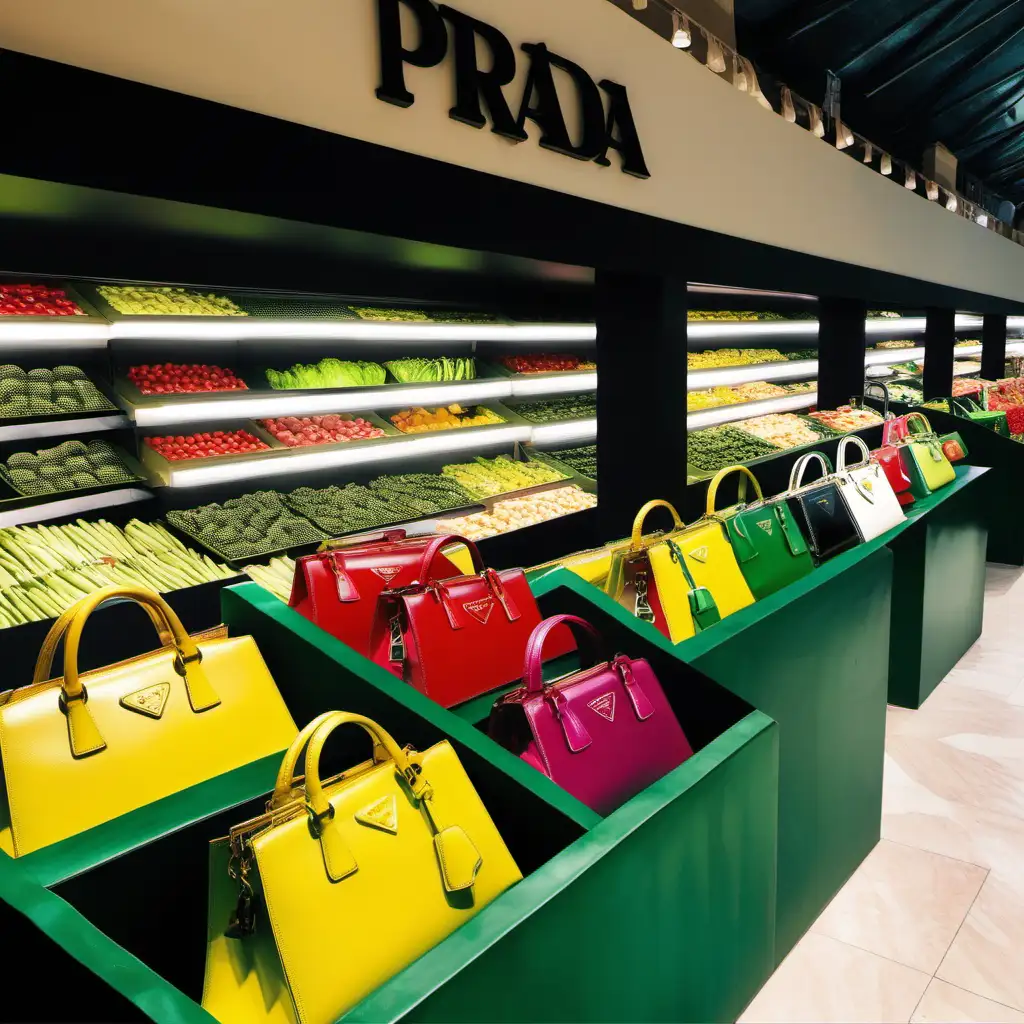 Stylish Prada Handbags Amidst Vibrant Fresh Food Market