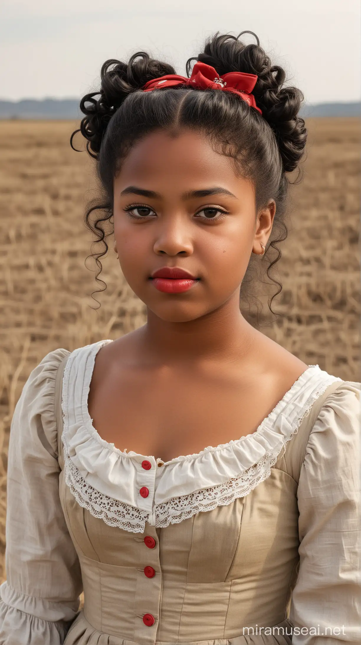 A 12 year old black fat woman with small eyes, small nose, wid red lips, weak chin and long curly black hair with a bun at back dressed in 19th century american fashion and standing in a barren field at countryside 