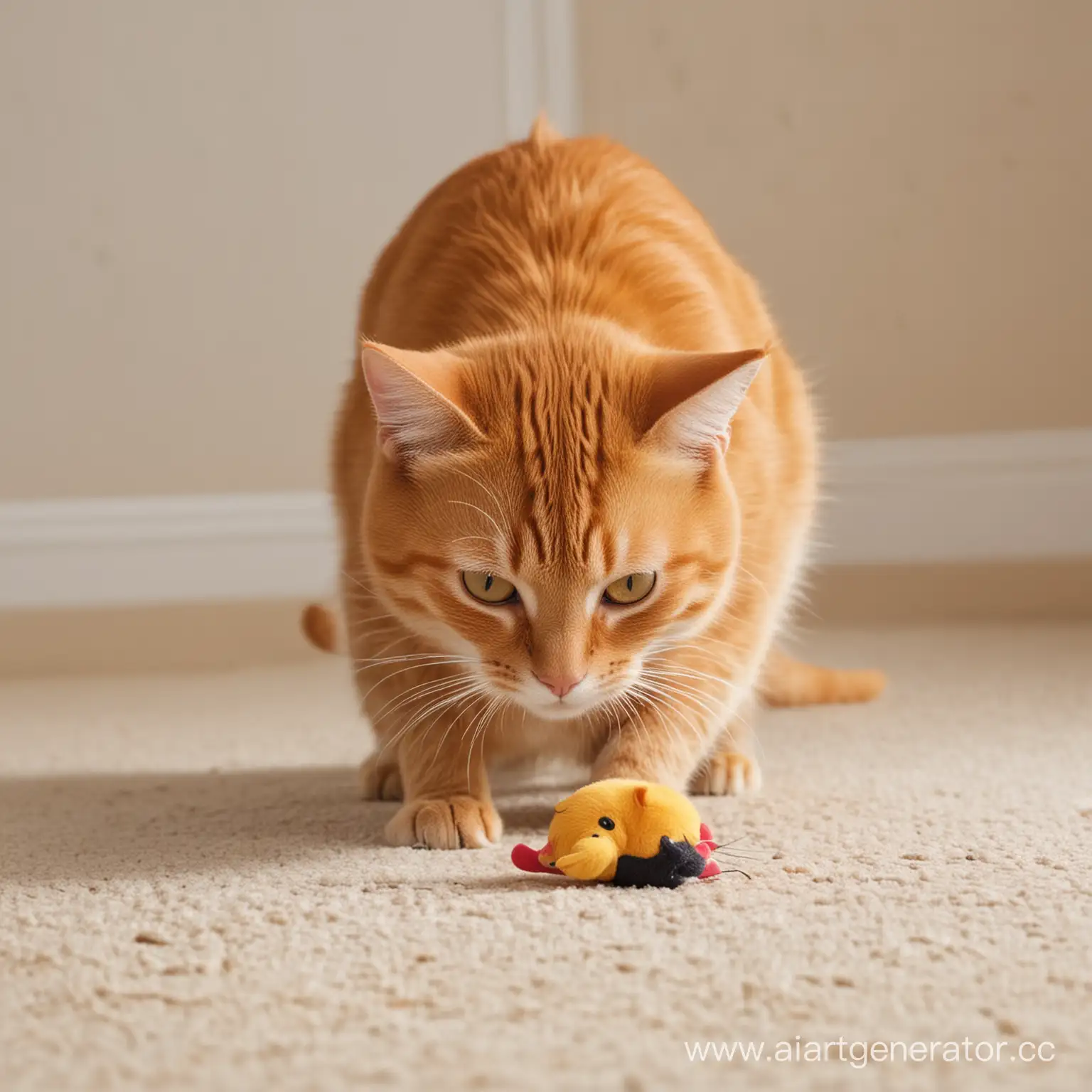 Красивые рыжик котик играет с игровой мышкой