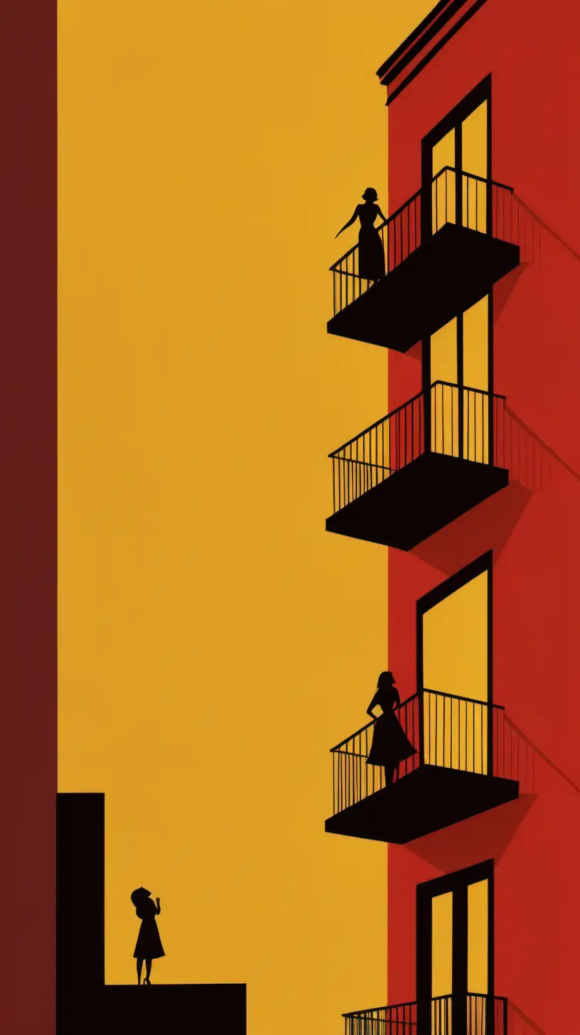 A poster in the style of Saul Bass's minimal artwork, displaying a woman on a first floor balcony fondly looking down to a man in the street looking up at her and passionately singing at her. The background should be a warm yellow. The balcony should be coloured dark red and we should be looking over shoulder of the man looking up to the woman on the balcony.