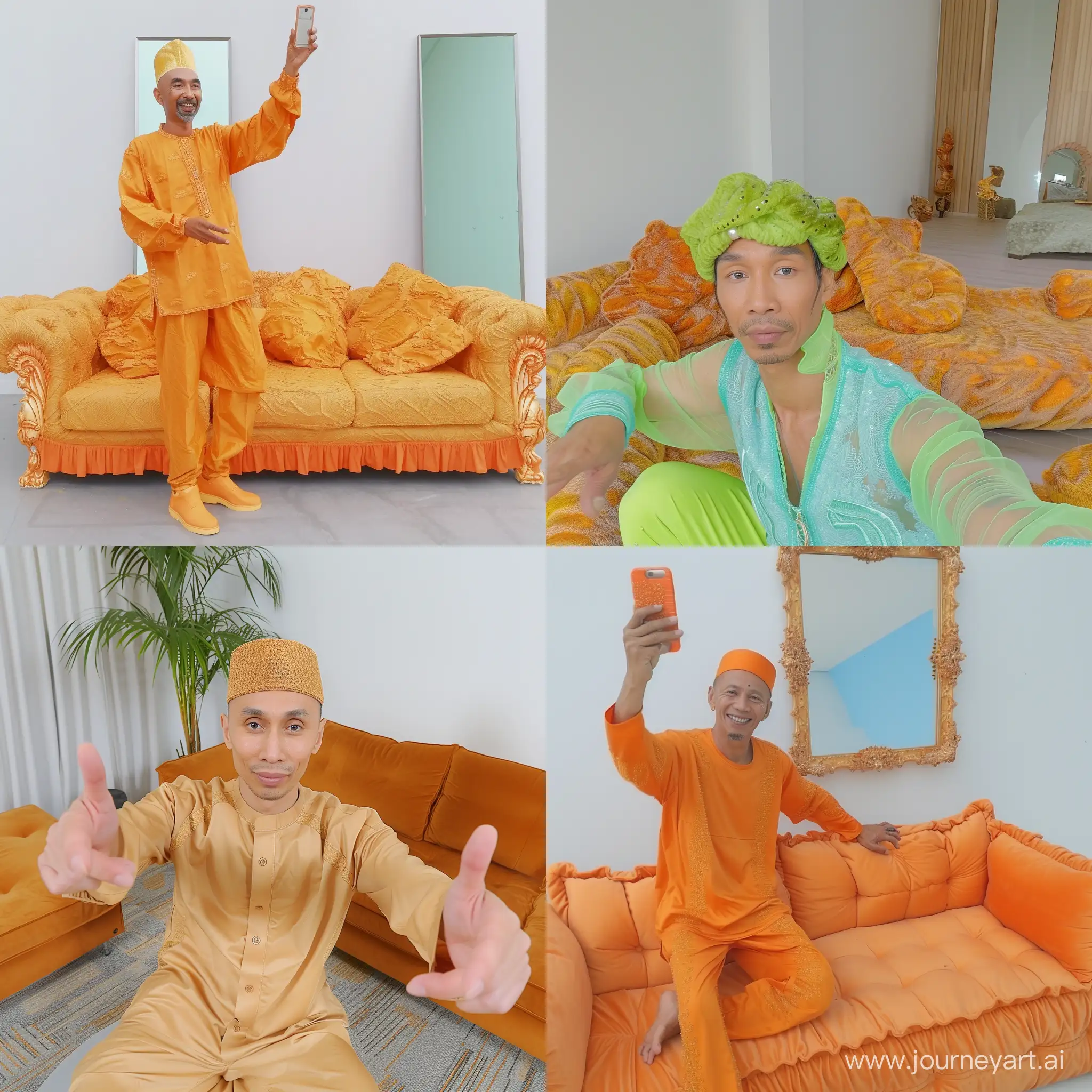 hansome  malay man selfie in unique pose near the sofa --sref https://newprofilepic.com/assets/images/article/5_img.jpg --style raw 