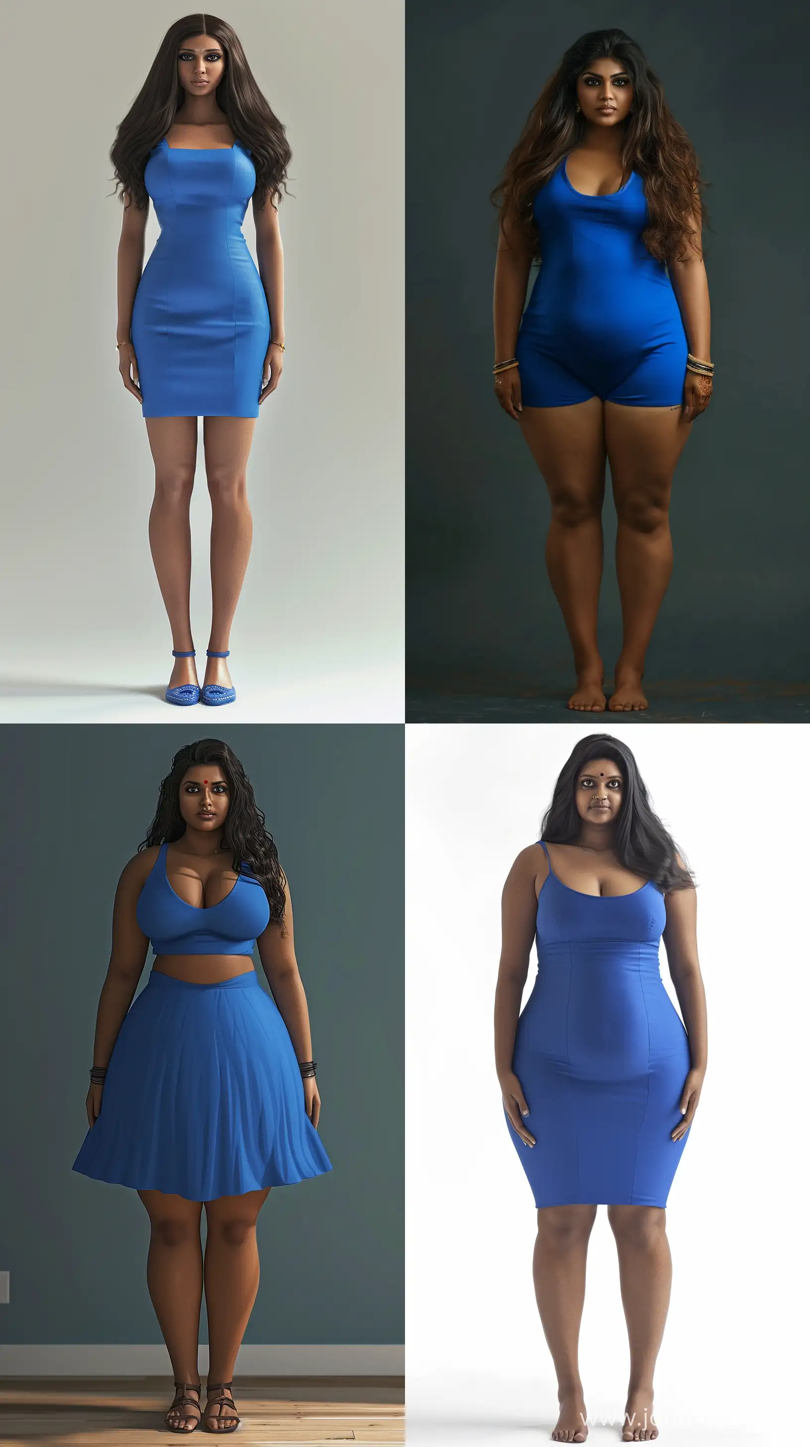 A realistic color photo of a very tall thick curvy Tamil Indian woman wearing a blue dress. tall curvy thick body. wide hips. Face like an Salma Hayek. rectangular face. dark brown skin. long legs. small feet. --ar 9:16 --v 6