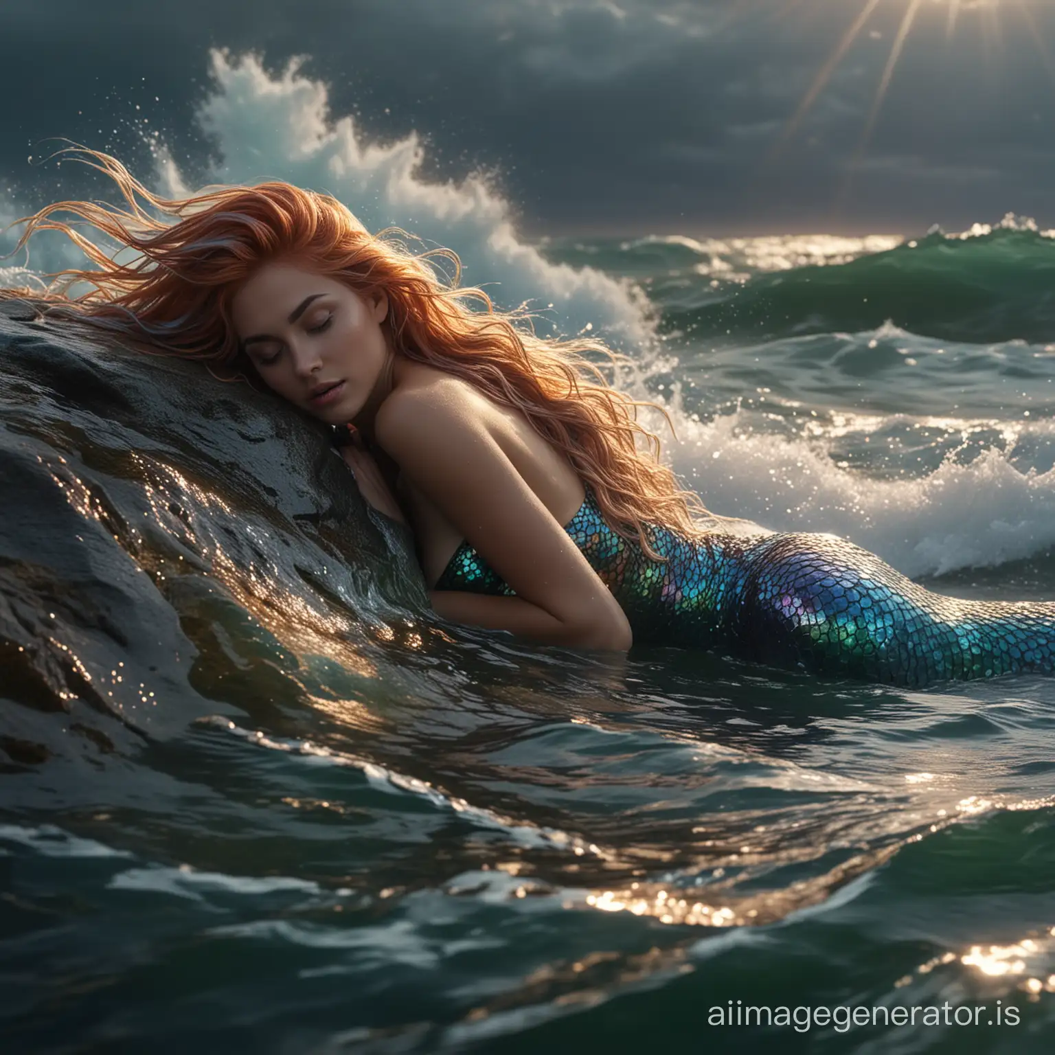 Mermaid resting on a sunlit rock amidst turbulent sea waves, FranckyXVWolff style, scales reflecting spectrum of iridescent hues, tendrils of hair flowing with the water's movement, surrounded by a shimmering aura, backdrop of stormy skies clearing above, high-definition 6k resolution, ultra-clear, dramatic lighting.