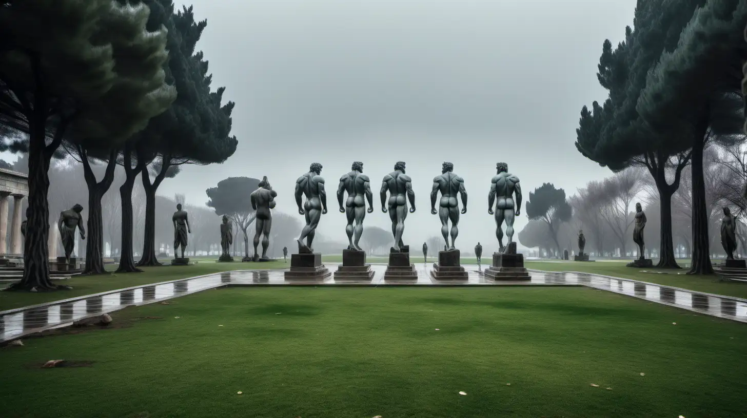 a grassed ornamental park in ancient greece, cold wet rainy winter weather, empty space in foreground, in the background gigantic statues of greek gods with massive muscular legs and masculine feet