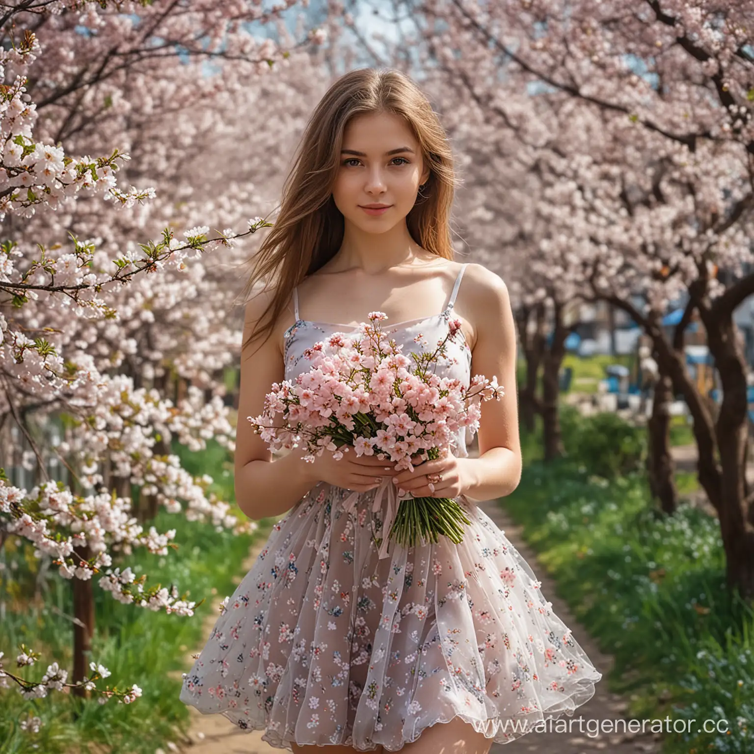 Сад сакуры, молодая 18 лет русская красивая сельская девушка с букетом цветов, полупрозрачный сарафан супер короткий и сексуальный, длинные русые косы