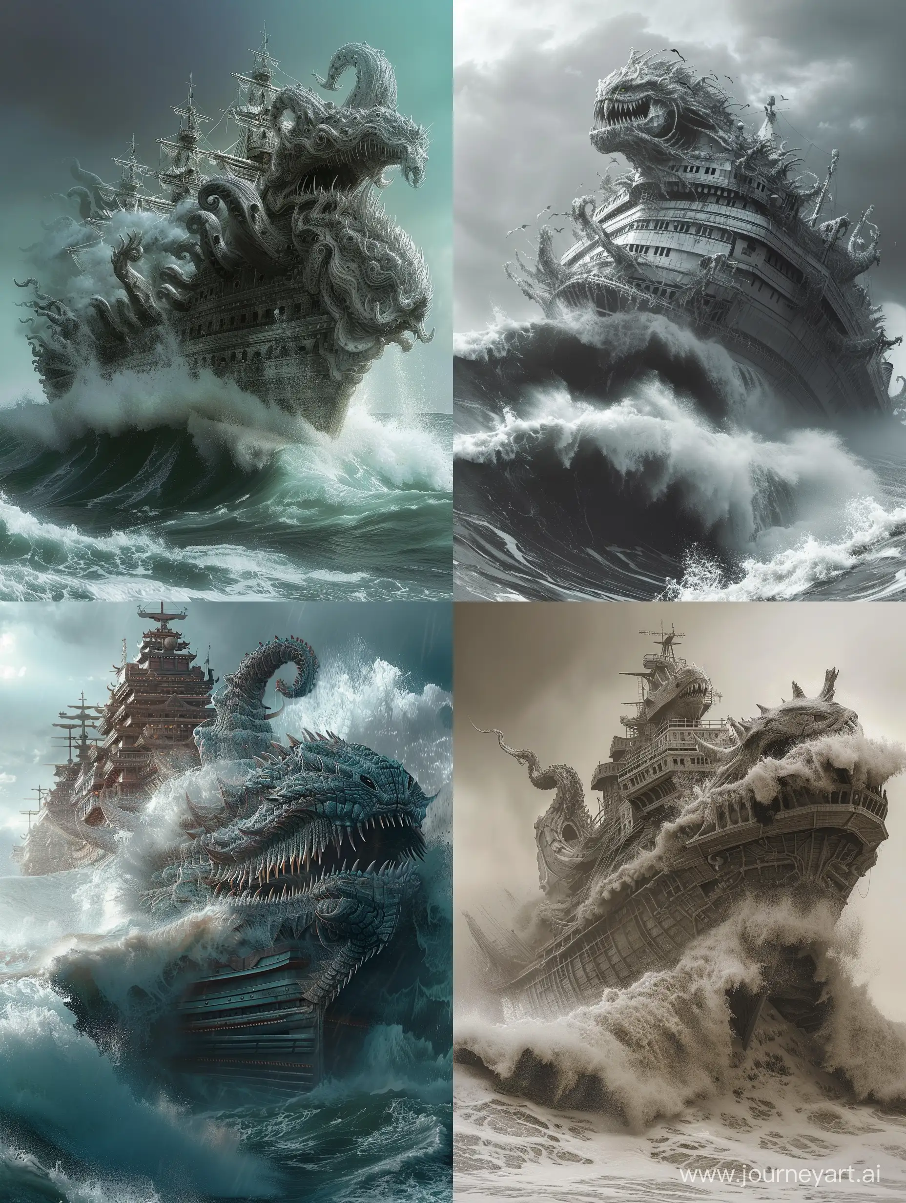 waves crashing on A huge ship in the shape of monster , intricate, incredible detail , terrifying , Digital Art , Imaginary image , fantasy.