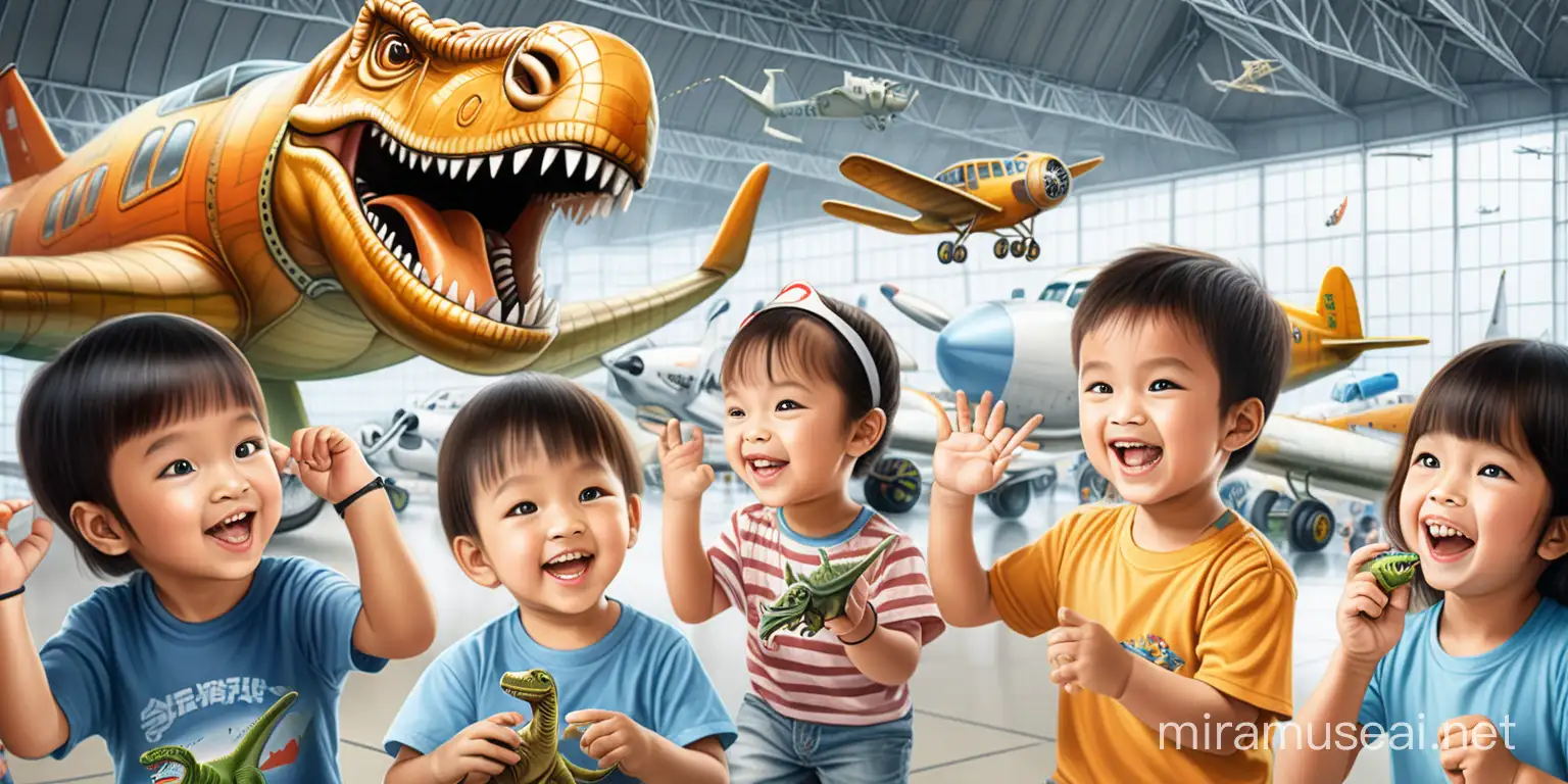 Asian children having fun at an airplane museum birthday party, with dinosaurs