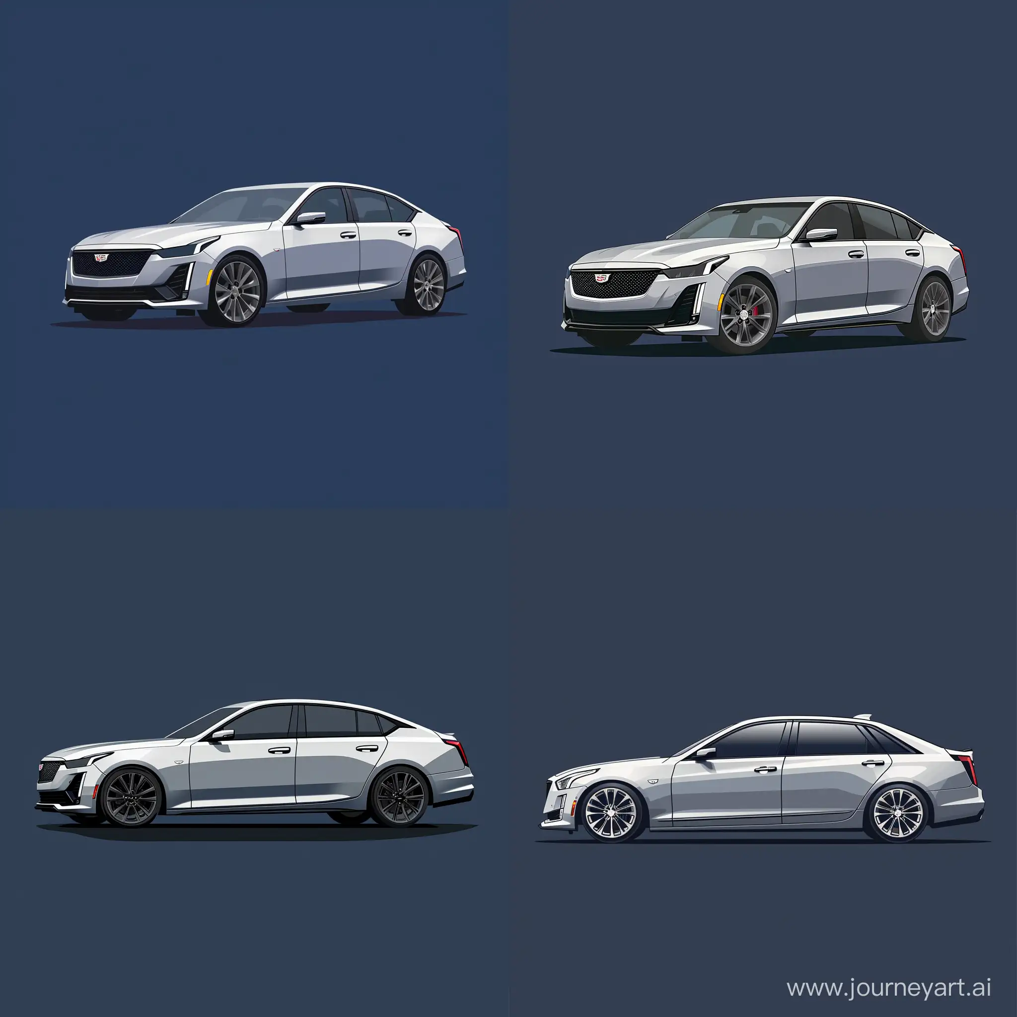 Minimalist 2D 2/3 View Illustration of: Silver Cadillac CT5, Simple Navy Blue Background, Adobe Illustrator Software, High Precision