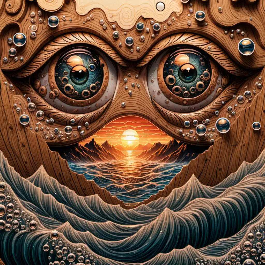 Ocean Sunset with Peeking Eyes and Woodgrain Pattern