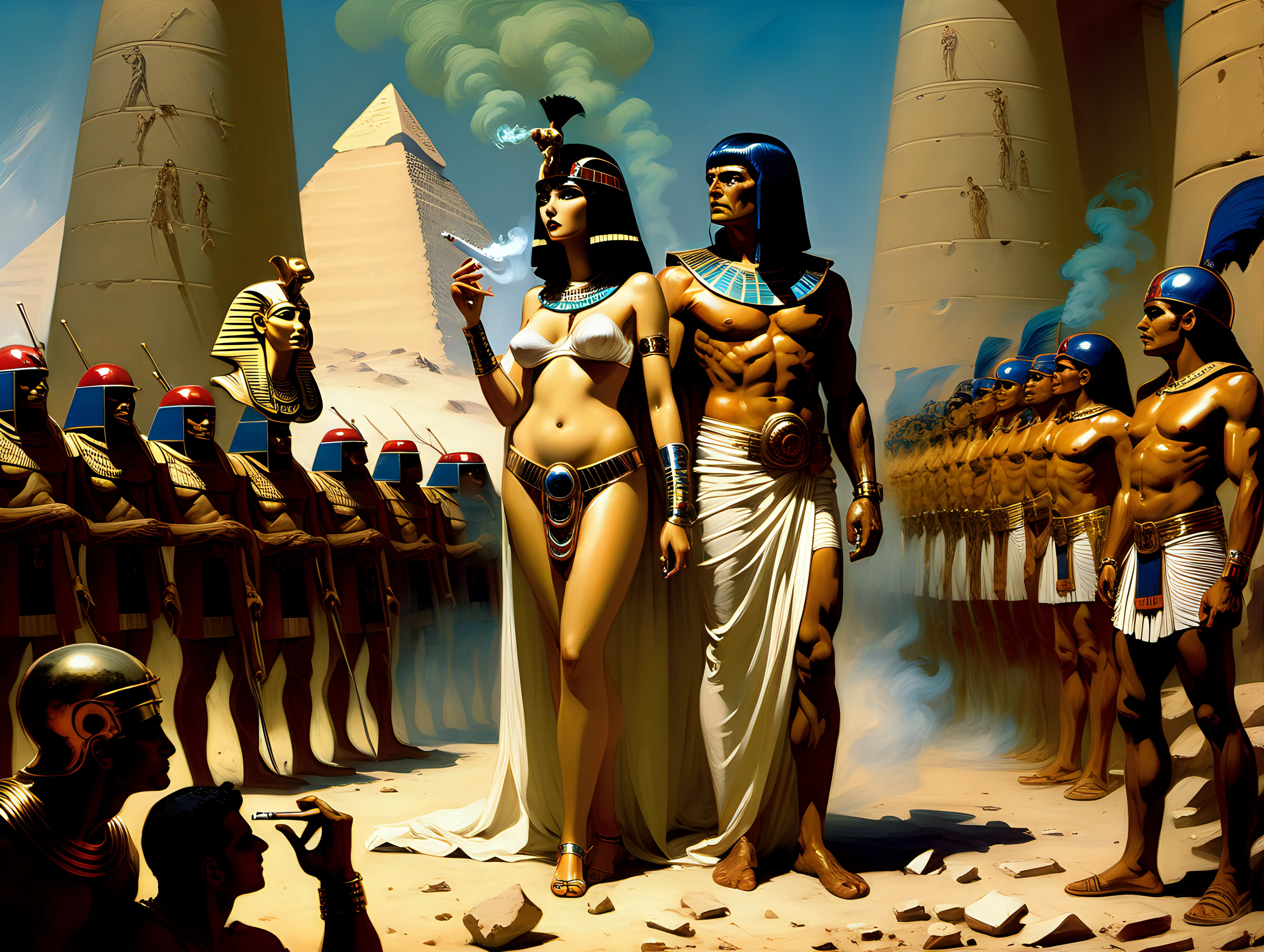 Julius Cesar smoking a joint with Cleopatra while inspecting Egyptian troops wide angle shot Frank Frazetta style