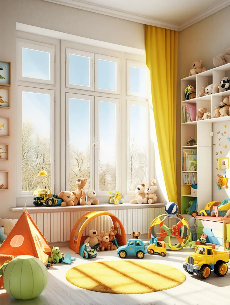 Vibrant Childrens Playroom Bathed in Sunlight with Abundant Toys
