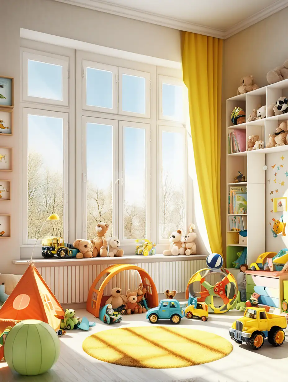 children room with a lot of toys and a big sunny window