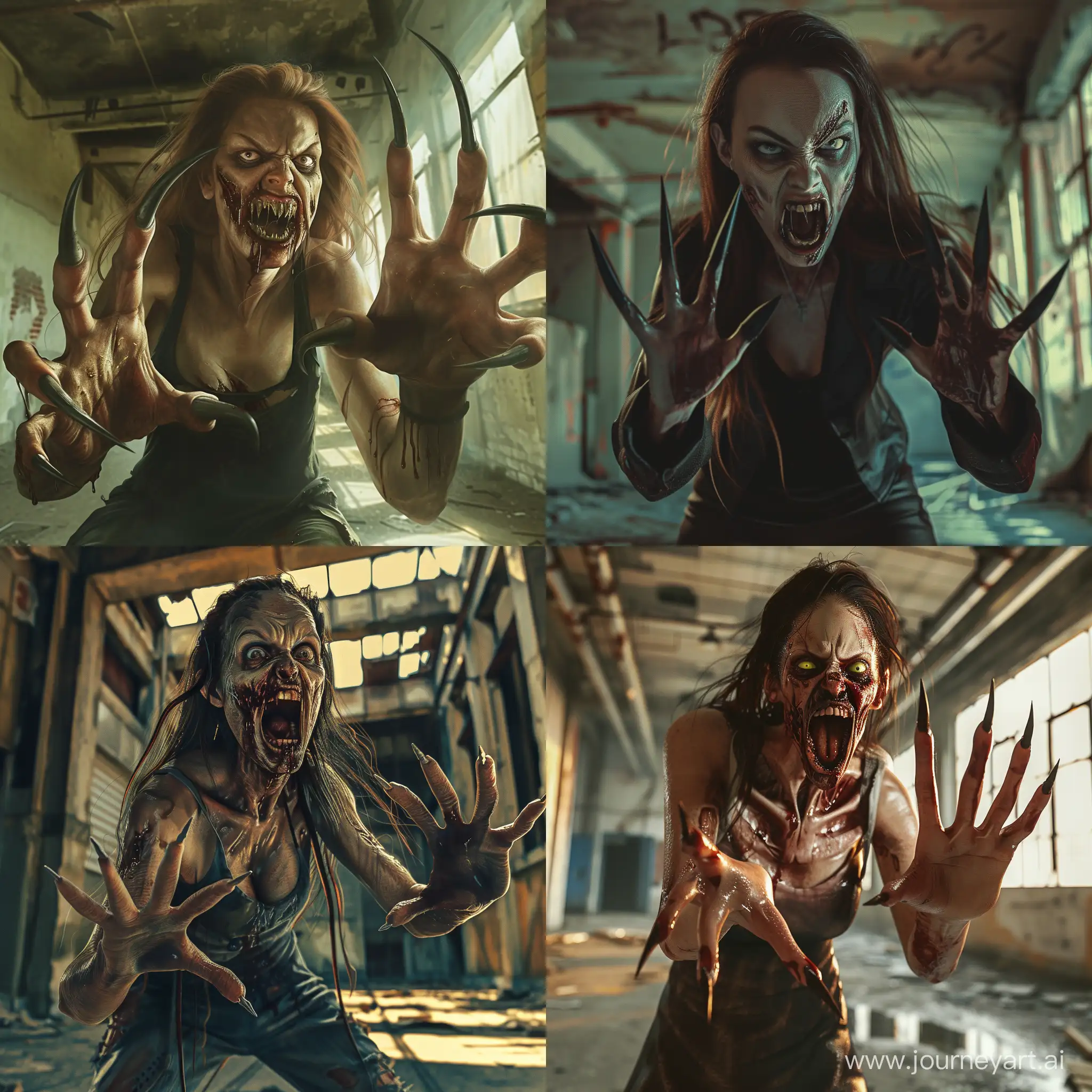 A horrible-looking zombie woman with long pointed nails on her five-fingered hands, her mouth dangerously open exposing a pointed row of fangs, she stands in a threatening pose, ready to attack her victim, the scene takes place in an abandoned building. photorealism, hyper-realism, photorealistic.