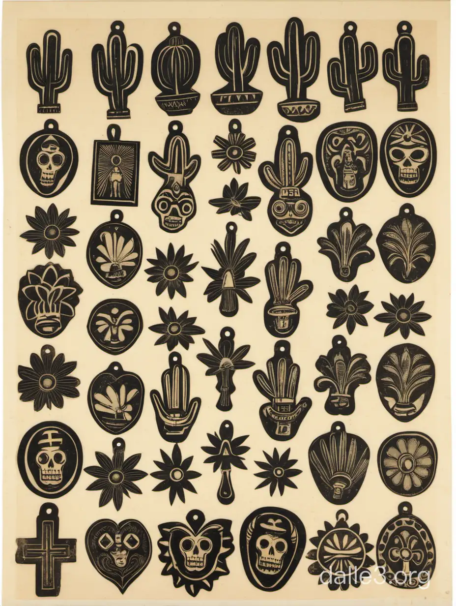 woodblock print of mexican milagro charms