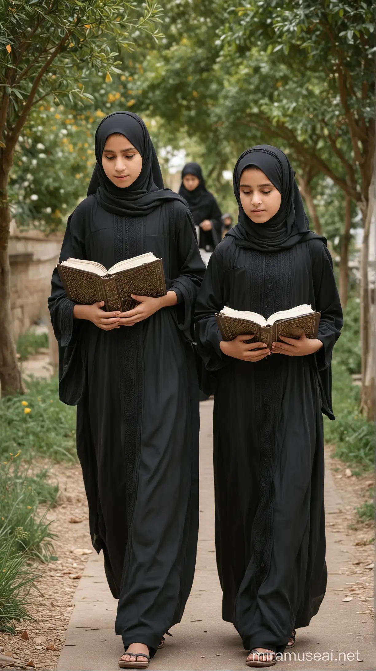 2 Perempuan usia 13 tahun, memakai gamis dan juga jilbab, warna hitam senada dengan gamis, sedang membawa kitab suci al-qur'an.