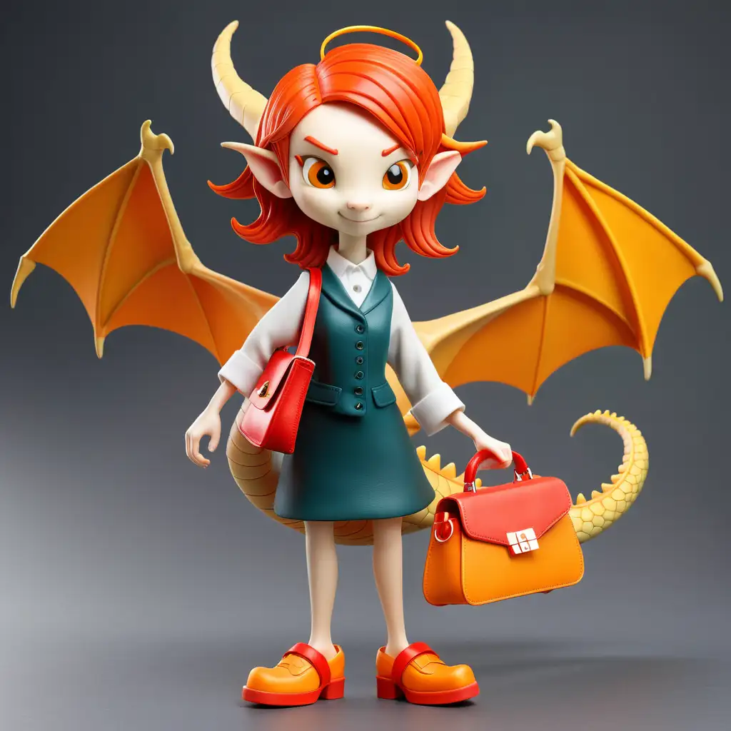 Dragon with ginger hair, orange shoes and red handbag 