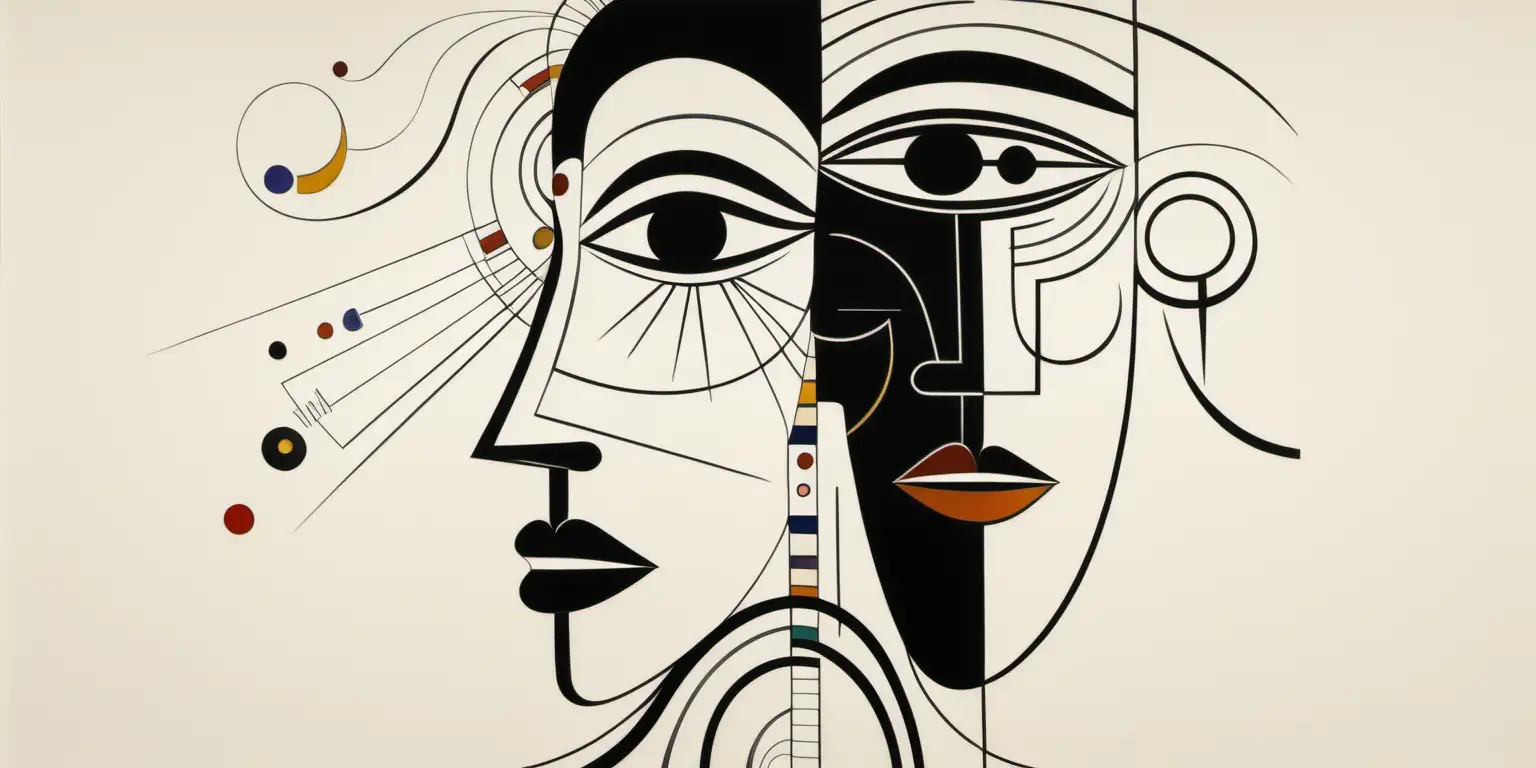 picture, color black white, complex single line,  ARCHİTECUTURAL, WASSILY KANDINSKY,SILHOUETTE OF A WOMAN AND A MAN FACE TO FACE