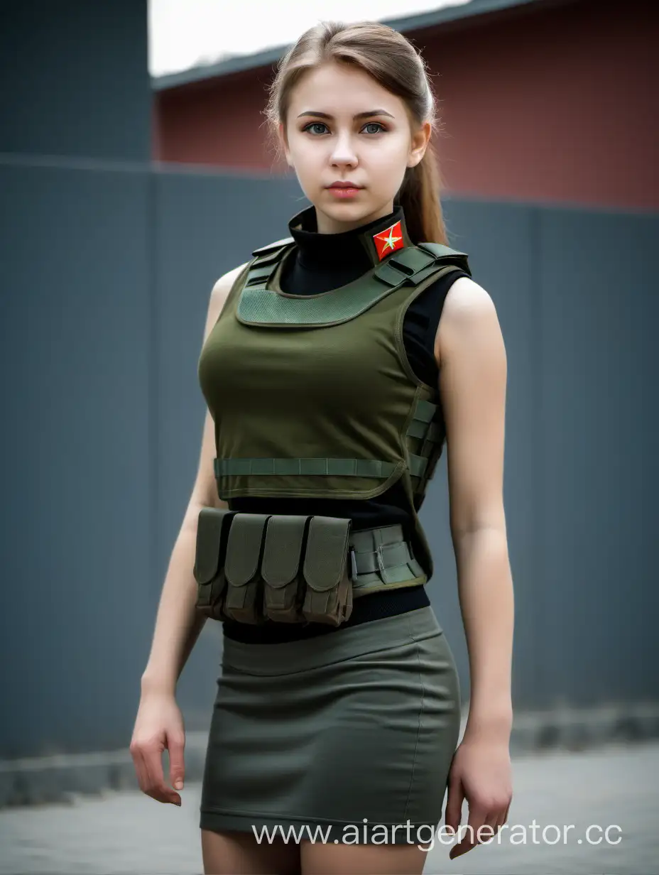 Русская, молодая, девушка военная в бронежилете и в плотной военной юбке средней длинны