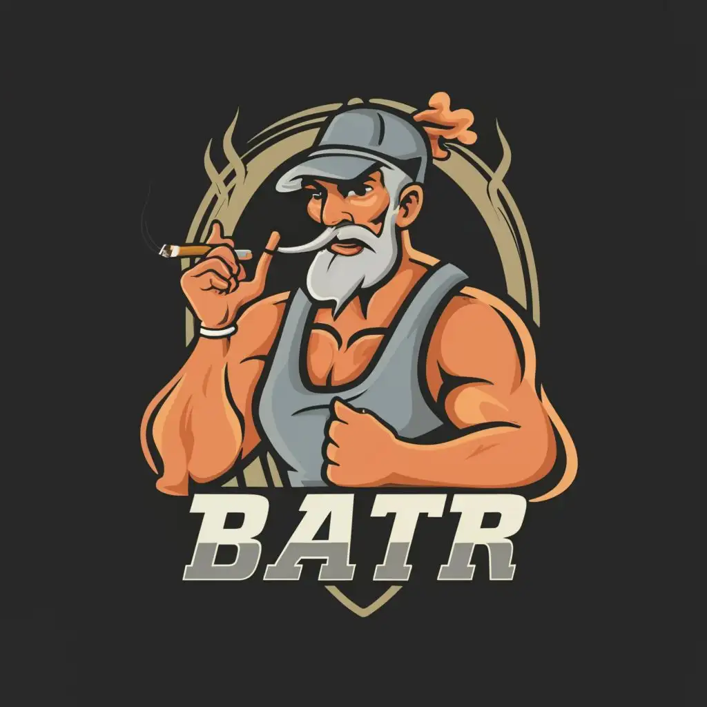 logo, A funny abstract brutal man with a mustache holds a cigarette in one hand and shows his biceps in vests and an old cap with the other, with the text "BATR", typography, be used in Entertainment industry