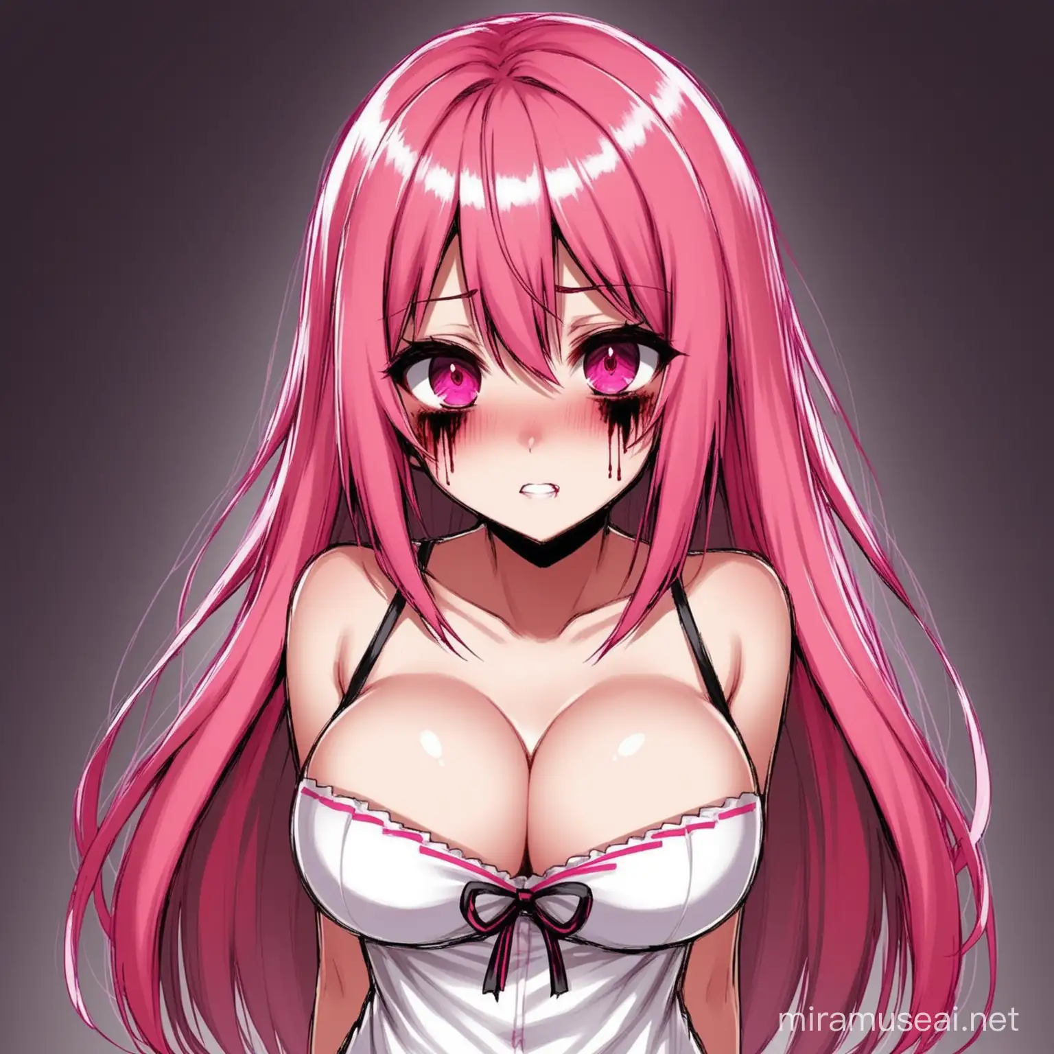 yandere, pink haired, big titty girl, Heartless. pink eyes

