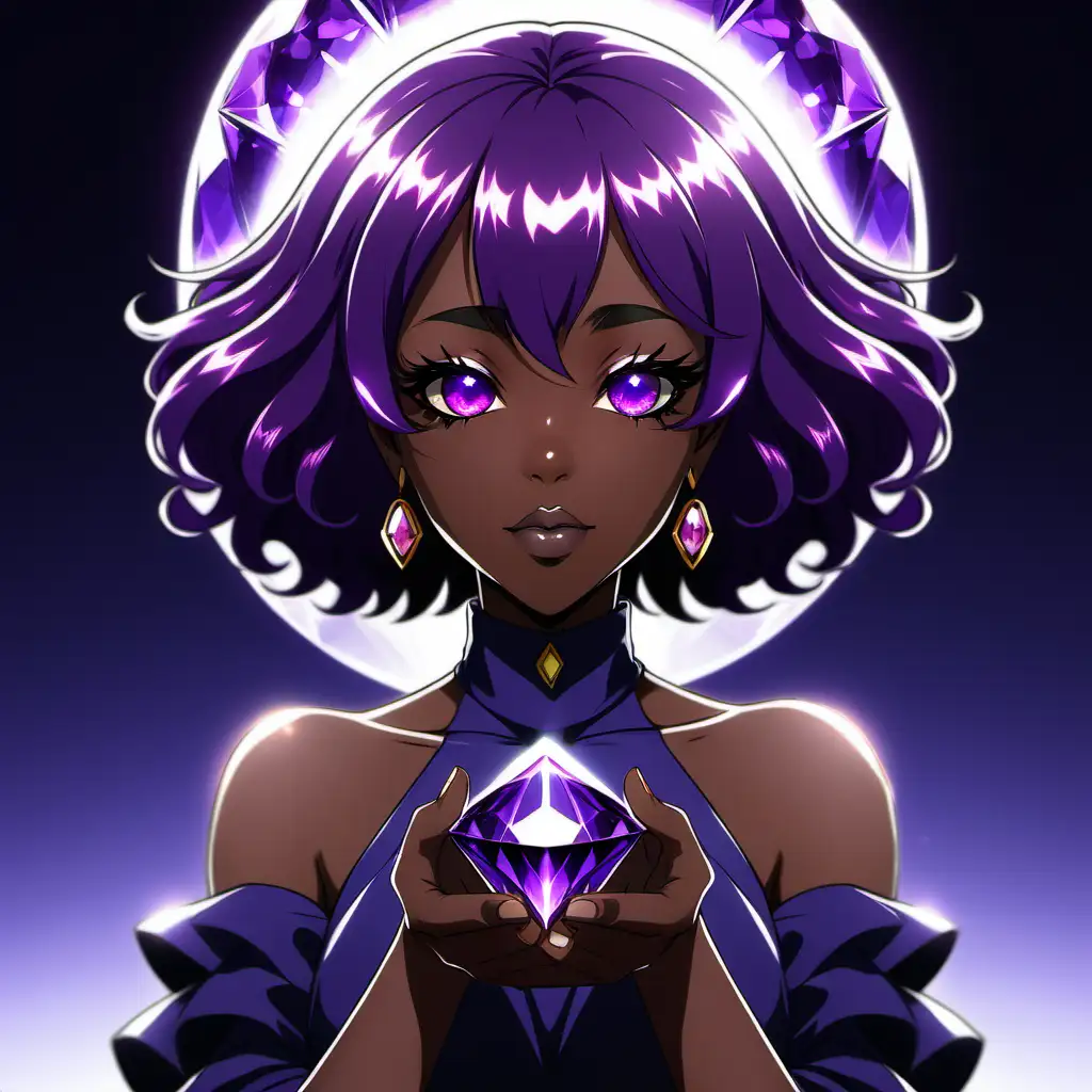 Elegant Black Anime Woman Embracing a Purple Gem