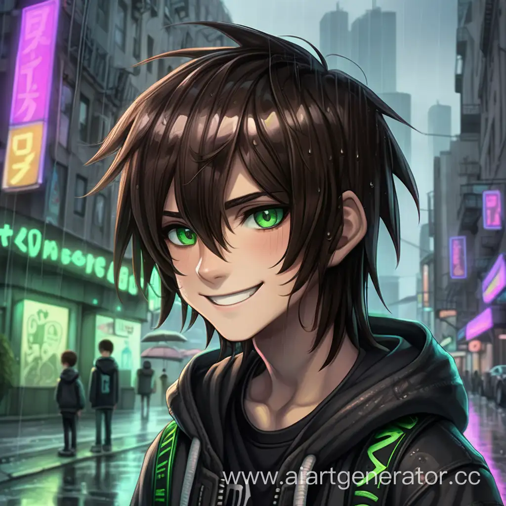 Dark brown medium length hair, green eyes, 2boys, emo, 12 years old, smile, city streets, cyberpunk, rain