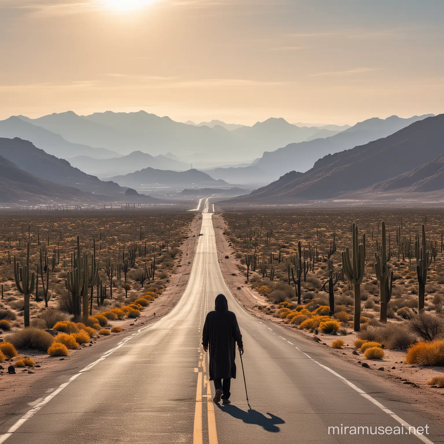 Hooded Wanderer Trekking Desert Highway amidst Vibrant Skies