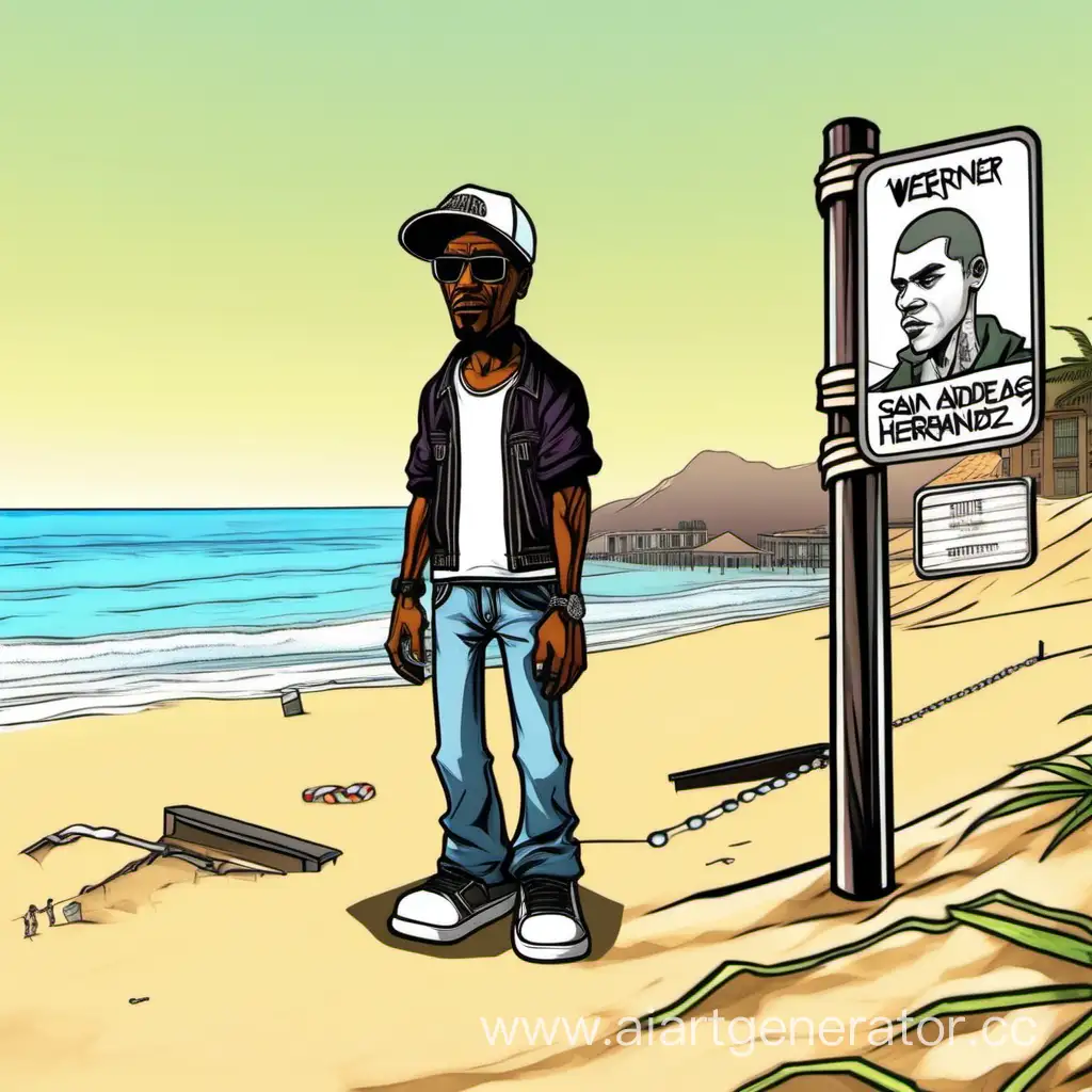 Нарисованный персонаж из игры Gta San Andreas на фоне пляжа и рядом табличка с надписью Werner Hernandez