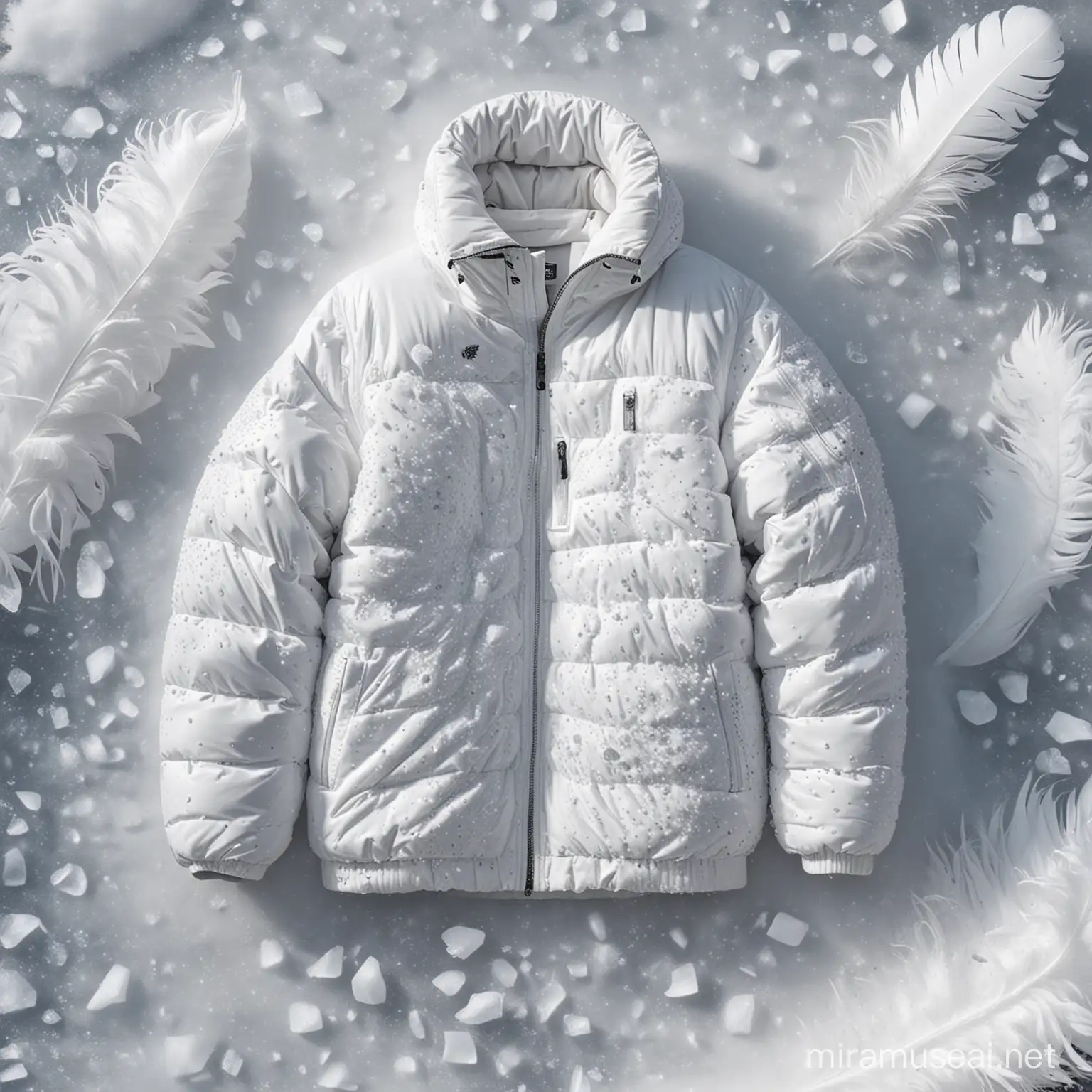 由白色羽绒服铺底形象化为冰雪天，鹅毛形象为大雪，营造冰天雪地的场景