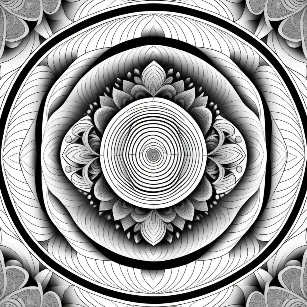 Adult coloring book. Oval shape background. Black and white, no shading, no color, thick black outline, symmetrical mandala made of geometric shapes, fractal patterns, and tessellations.