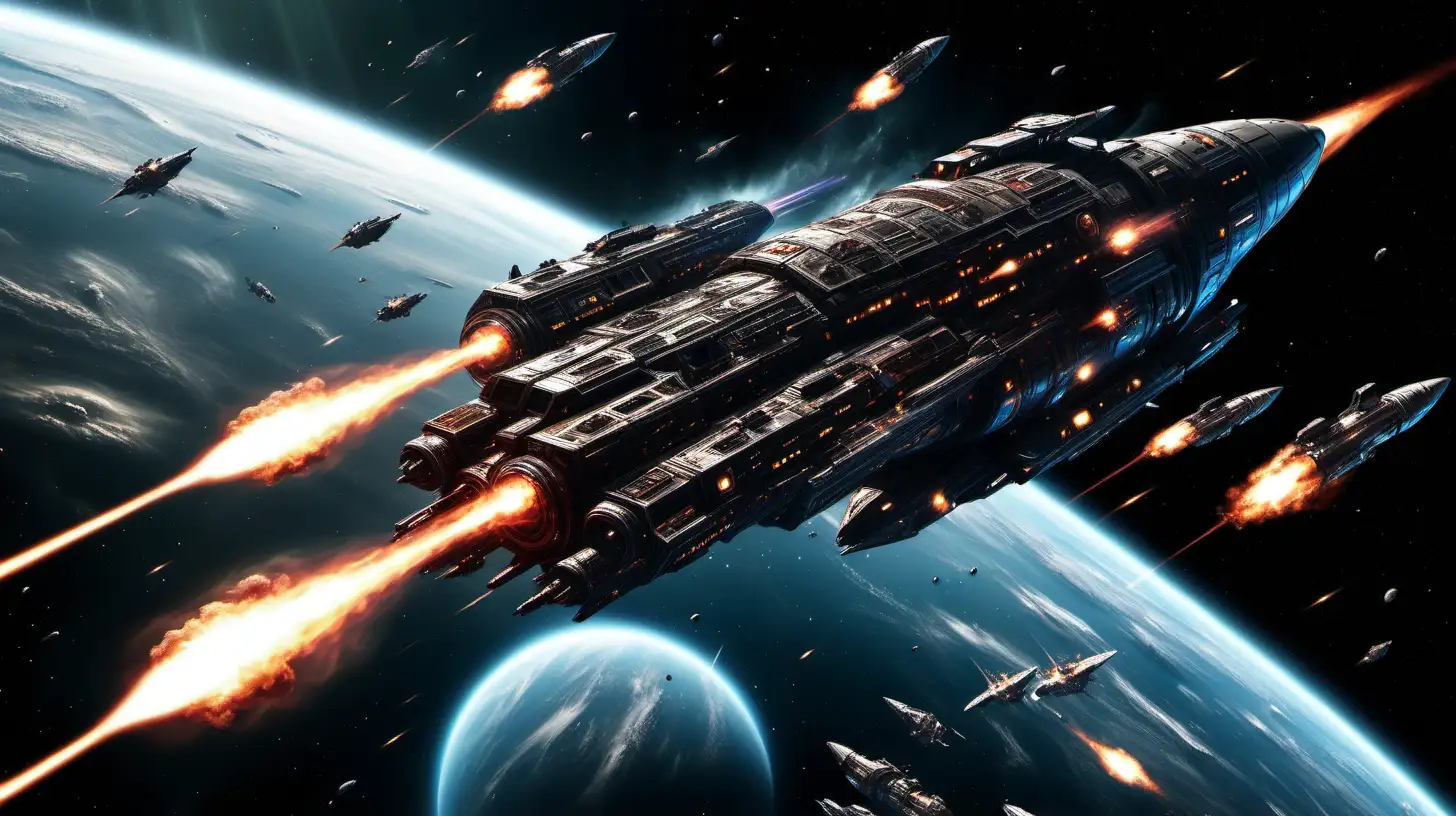 imagine The space ship HMSS Hood – all guns firing in a galactic battle, dramatic science fantasy composition