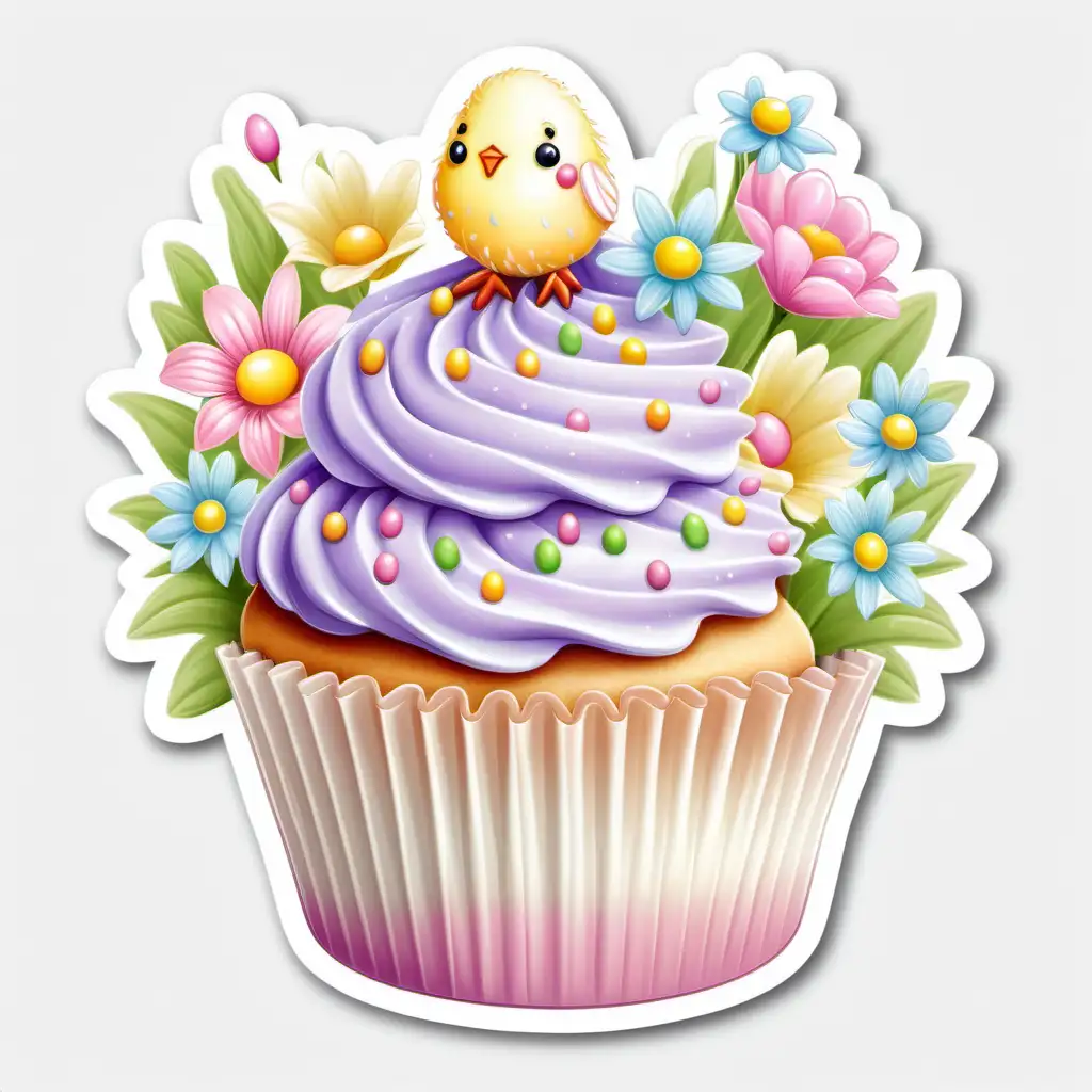 fairytale,whimsical,
cartoon, large easter double frosted cupcake,STICKER, spring flowers 
bright pastel, white background,