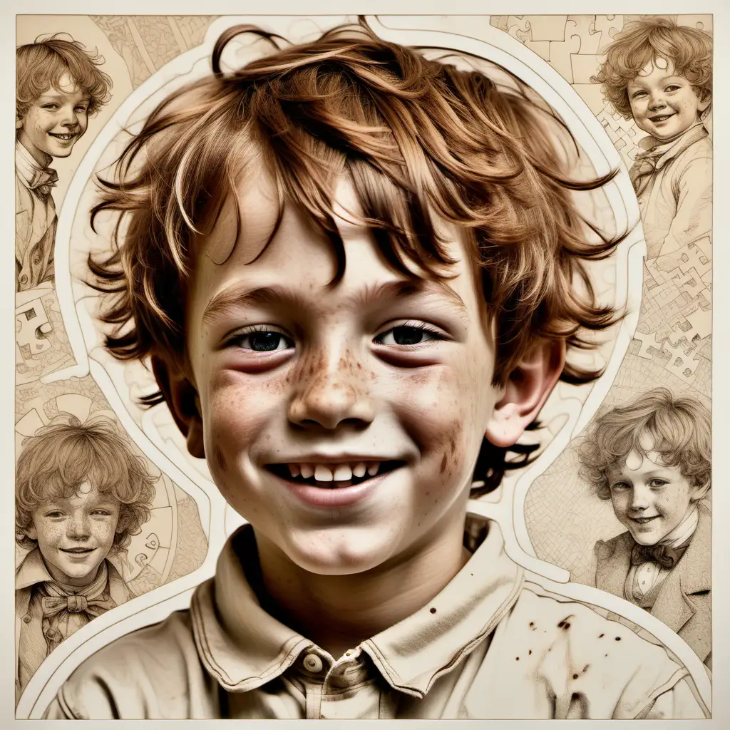 a young boy with freckles and brown messy hair with a mischievous smile, Victorian, etching, on light beige, bold color, muted palette, , loose line drawing, playfully intricate, puzzle-like elements,