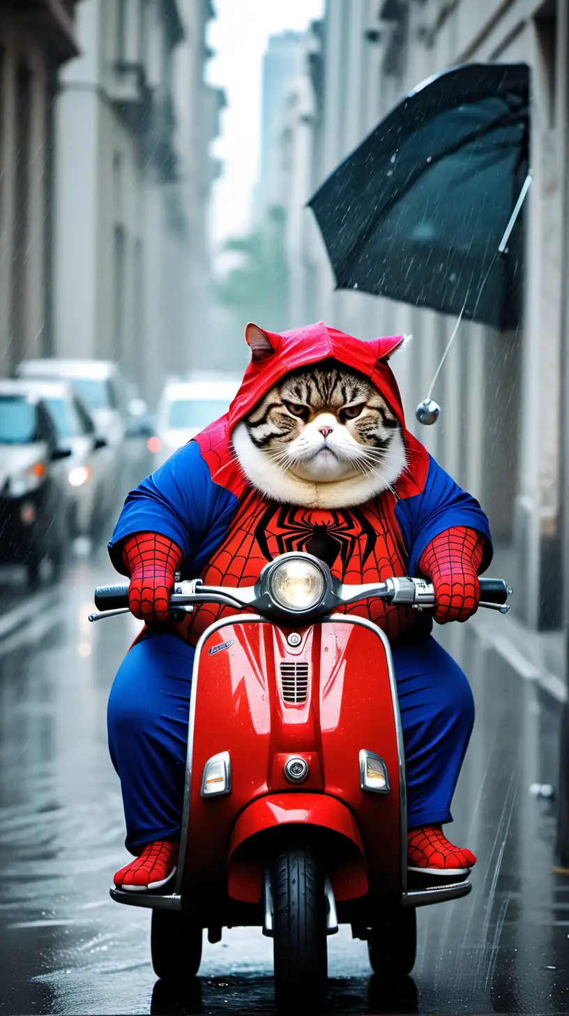 Very Fat Big Cat. Cute Face with Chubby Cheeks. wearing a Spiderman Costume. Riding a Vespa. in the capital. when it rains.