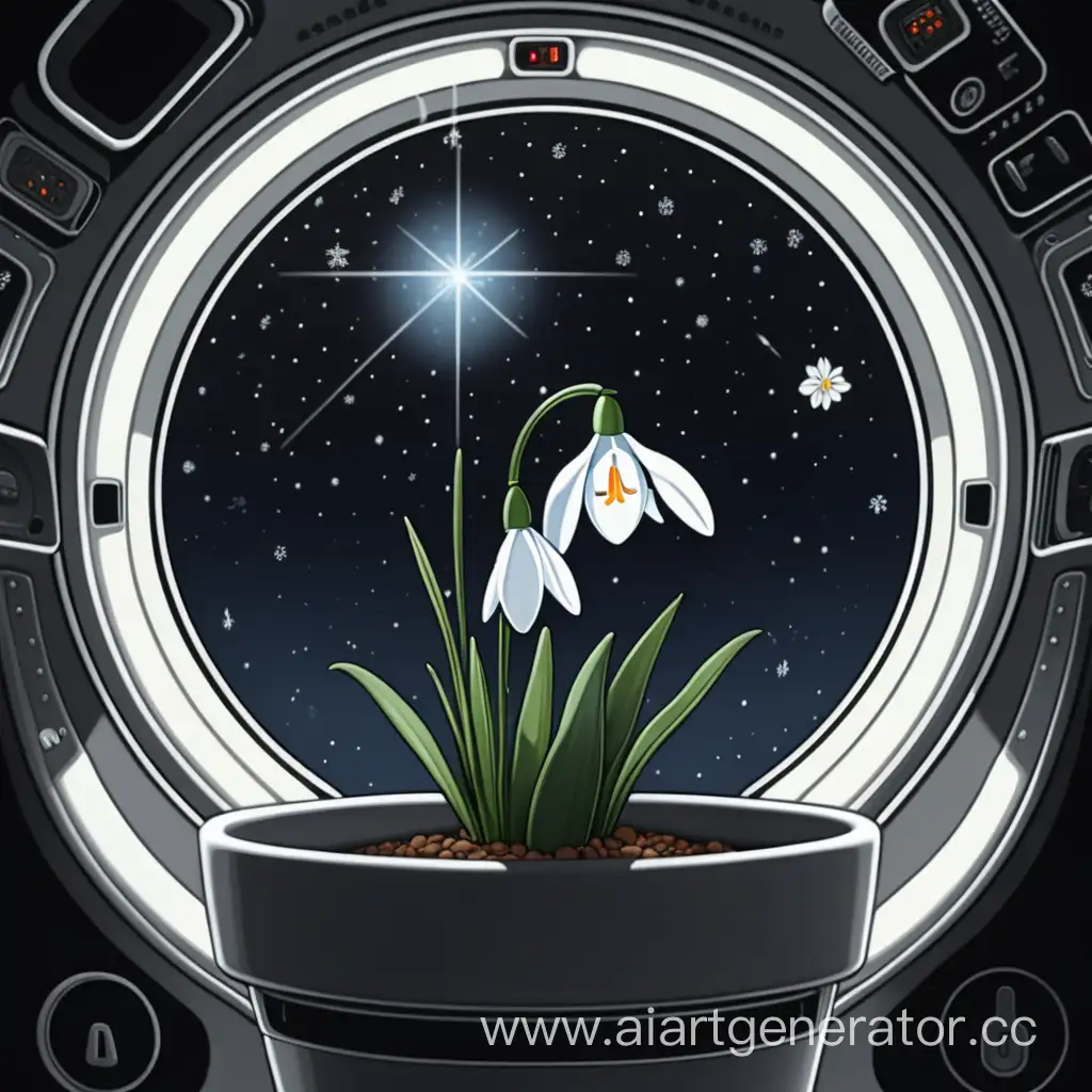 a snowdrop in a flower pot on the control panel of a space ship, there are stars in the window, it is dark