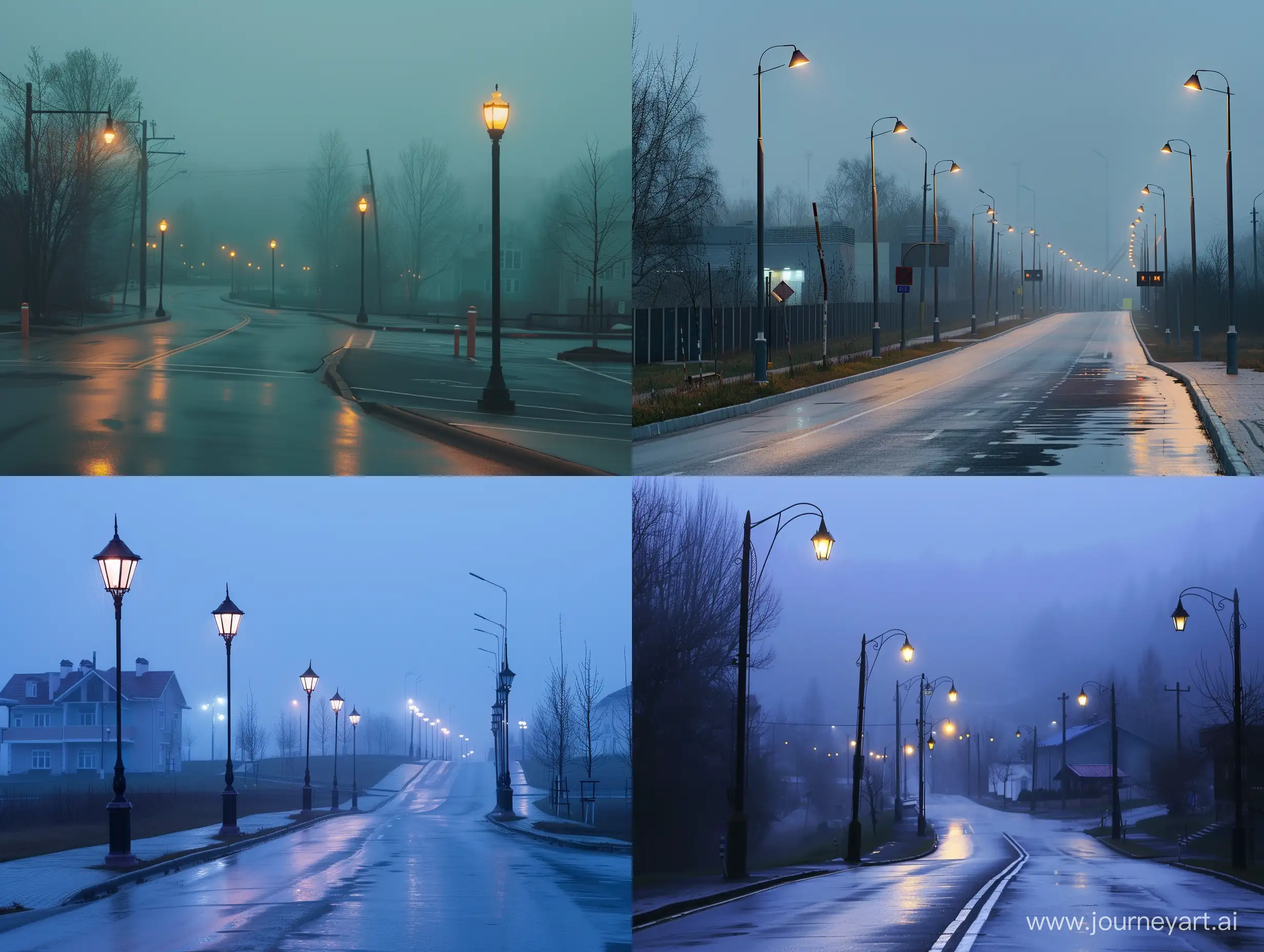 modern town, early morning, road, rain, street lamps