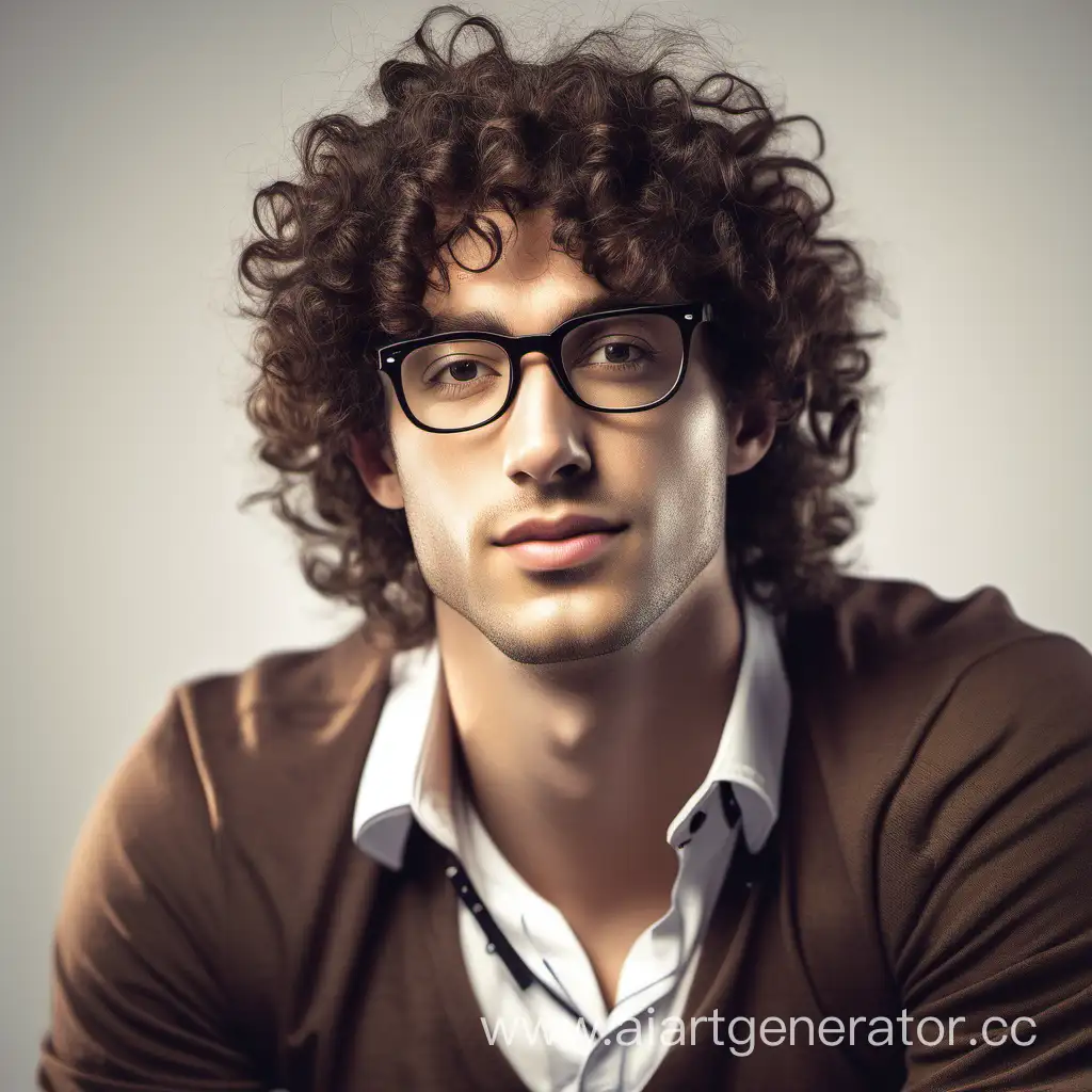 intelligent man, curly-haired brunette with glasses