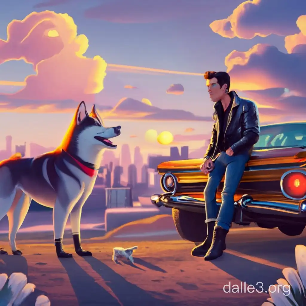 a guy with brown hair and very dark brown eyes, with an Undercard hairstyle, in a black leather jacket, black jeans and combat boots. in full growth, and next to him is a red husky,. Pixar style, On the Sunset. and there's a retro car nearby