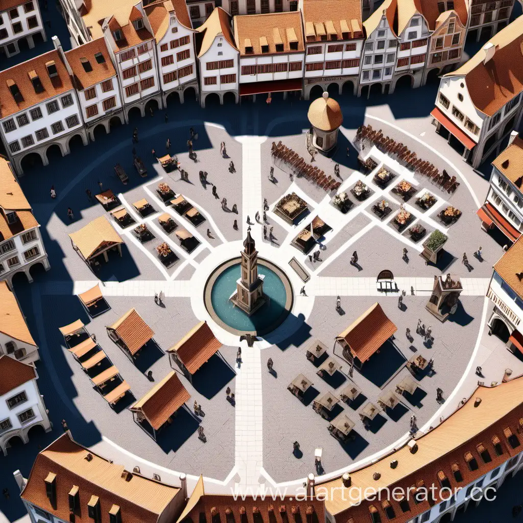 карта маленькой городской площади сверху в средневековье., 4 магазина одежды и фонтан посередине