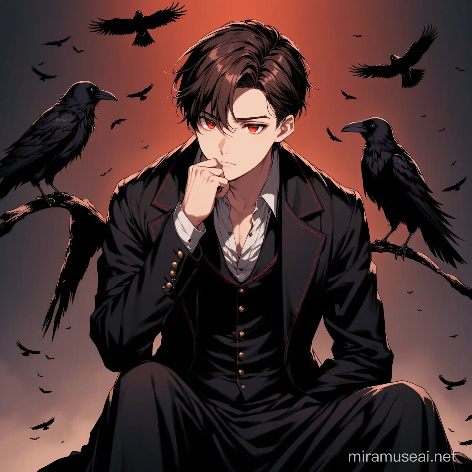 an anime handsome boy with gangster black clothes in the dark background sitting on floor and stairing sky and the dark crow with red eyes sitting on his shoulder the boy has one eye red and one eye hasel brown the boy hairstyle is so attarcting and he is wearing black 1900s dress the image should be in 8k pixels, the guys left eyes is red and right eye is brown his expressions should be eye catching also there is only one crow sitting on his hand and he is watching his crow