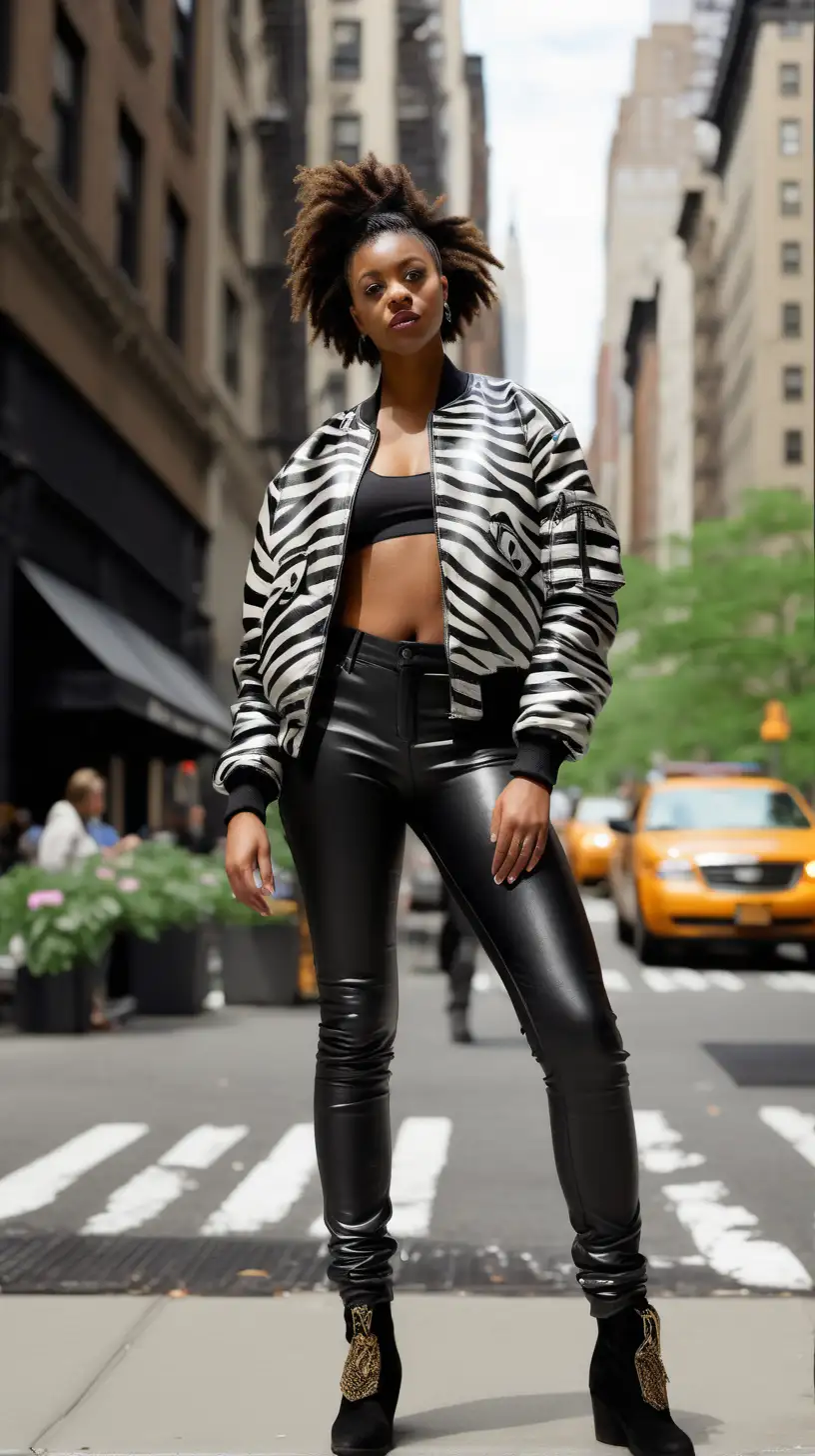 Young black, woman, wearing black leather pants, and a Zebra striped, bomber, standing downtown in Manhattan NY, ultra 4k, high definition