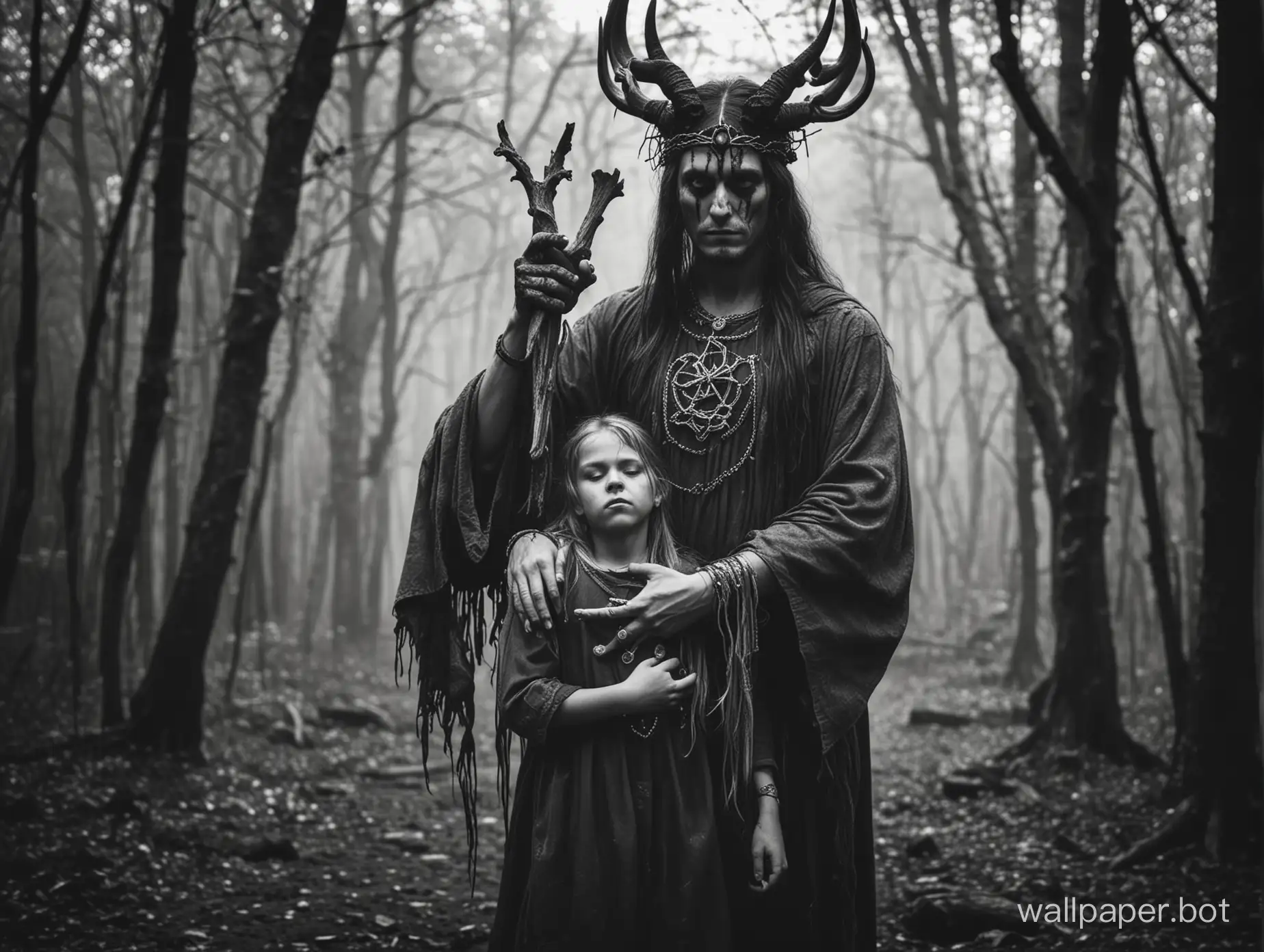 Druid holding girl in his arms, sacrifice of a woman, girl doing satanic ritual , doing ritual in,black and white photography, high contrast photography, sharp super contrast