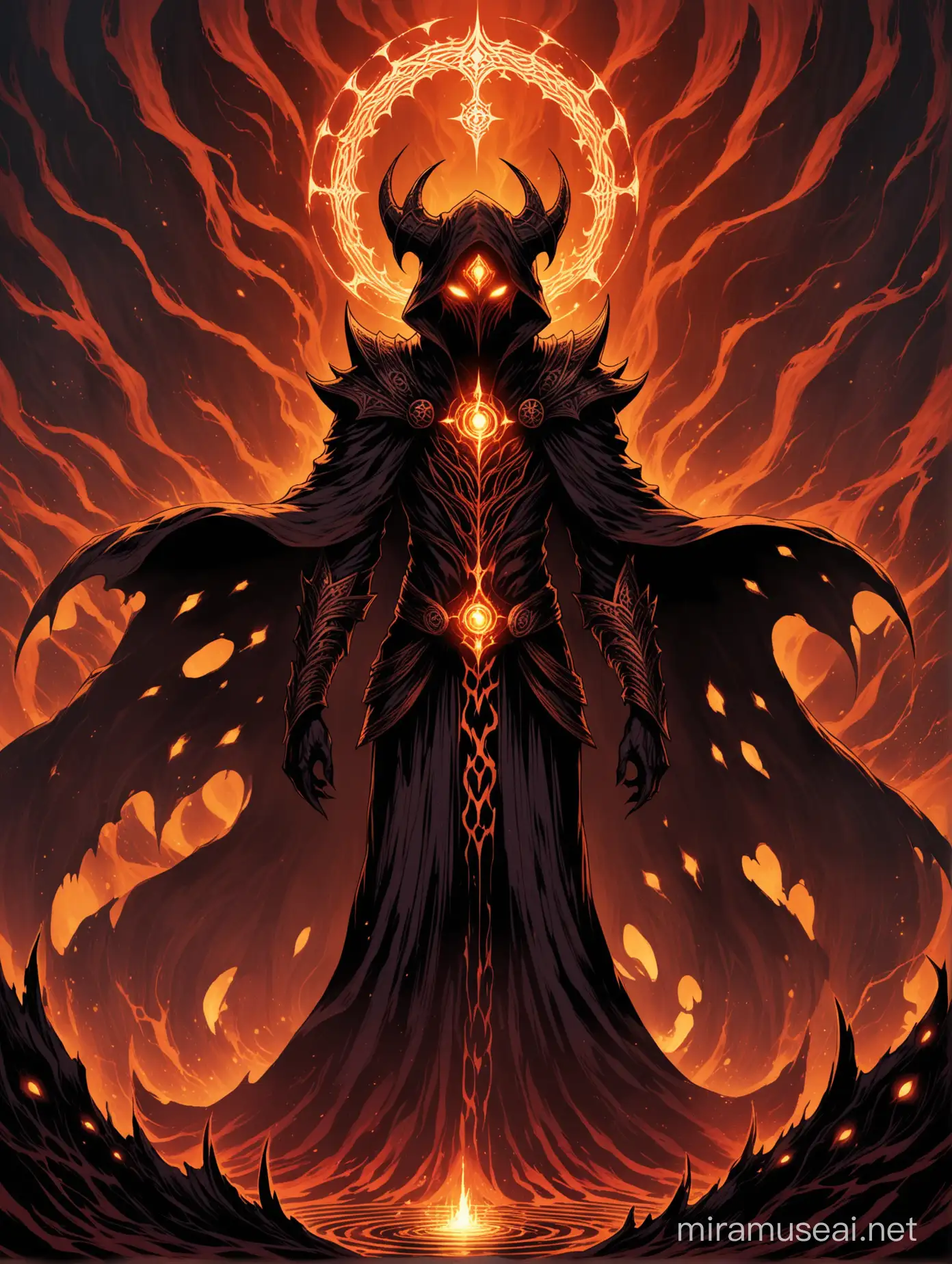 are typically cloaked in dark, billowing robes that obscure much of their form. The robes are often adorned with intricate patterns or symbols such as twisted spirals or abyssal motifs.
Their faces are concealed behind eerie masks, adding an air of anonymity and menace to their appearance. The masks may feature unsettling designs, such as grotesque faces or sinister symbols, further emphasizing their affiliation with the Abyss Order.
 Despite their obscured features, Abyss Heralds are often depicted with glowing eyes that pierce through the darkness of their attire. The eyes may emit an otherworldly glow, reflecting their connection to dark powers or entities.
Abyss Heralds are portrayed as tall and imposing figures, exuding an aura of power and authority. Their presence commands respect and instills fear in those who oppose them, making them formidable adversaries in battle.
Surrounding an Abyss Herald is often a dark, ominous aura, symbolizing their connection to the Abyss and the corrupting influence of their organization. This aura may manifest as swirling shadows or tendrils of darkness, hinting at the sinister forces at their command.

LOOKS LIKE AN ABYSS HERALD FROM GENSHIN IMPACT

The color of this is dark orange, dark red, and yellows