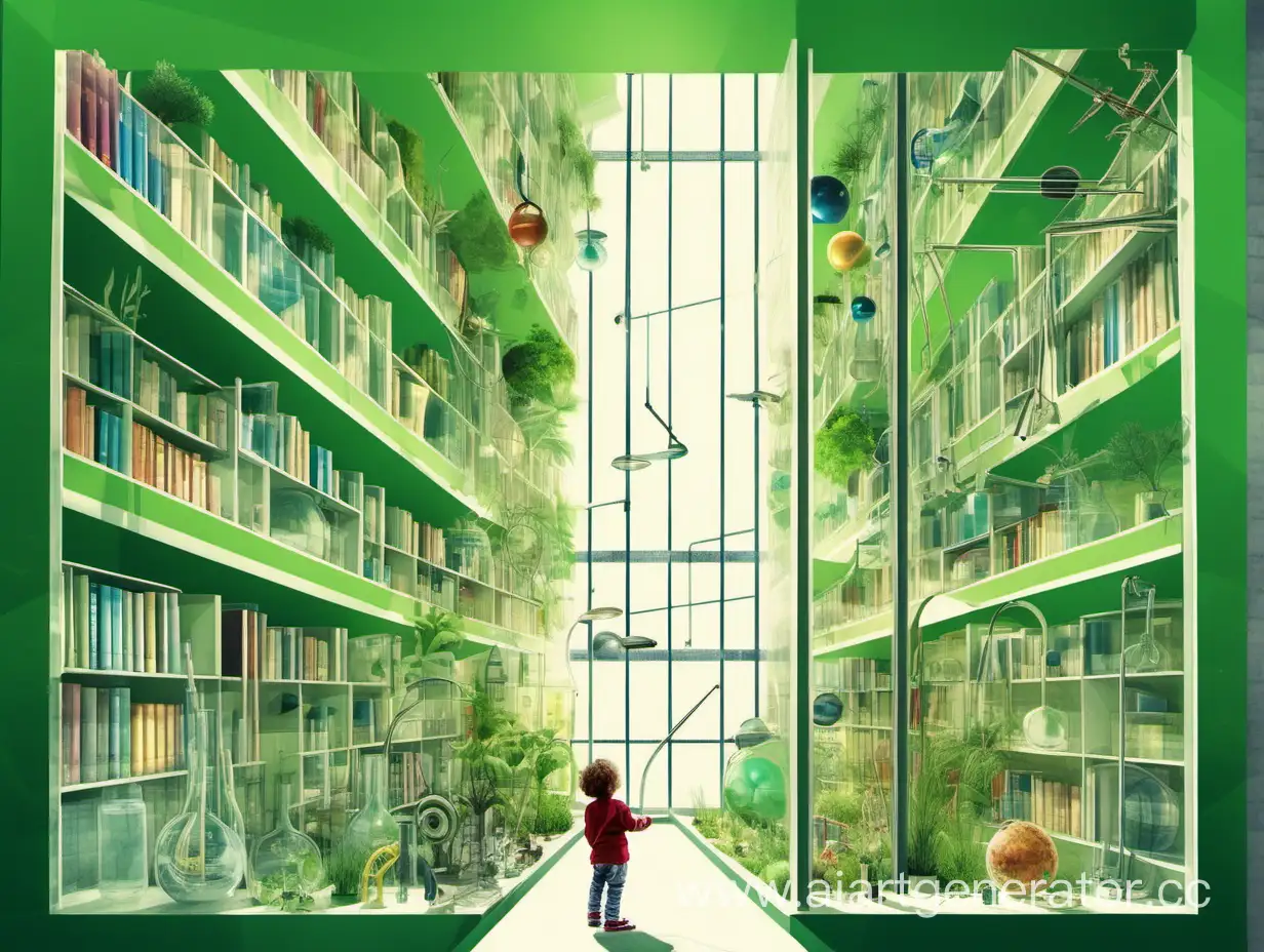 ребенок в многоэтажном здании, за стеклом зеленый мир, растения и наука, книги, музыкальные инструменты, химические пробирки