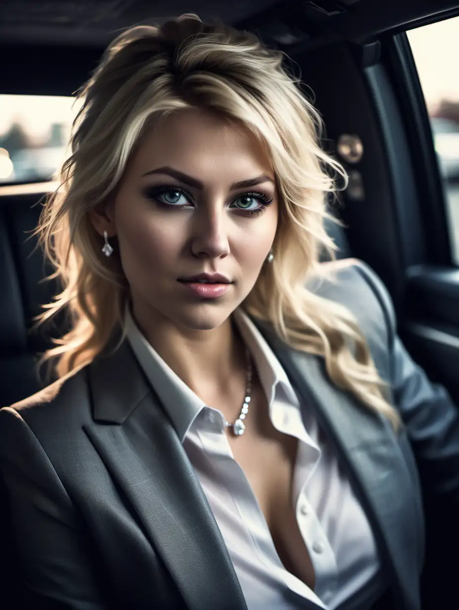 Beautiful Nordic woman, very attractive face, detailed eyes, big breasts, slim body, dark eye shadow, messy blonde hair, wearing a business suit, diamond necklace, close up, bokeh background, soft light on face, rim lighting, facing away from camera, looking back over her shoulder, sitting in the back seat of a limo, illustration, very high detail, extra wide photo, full body photo, aerial photo