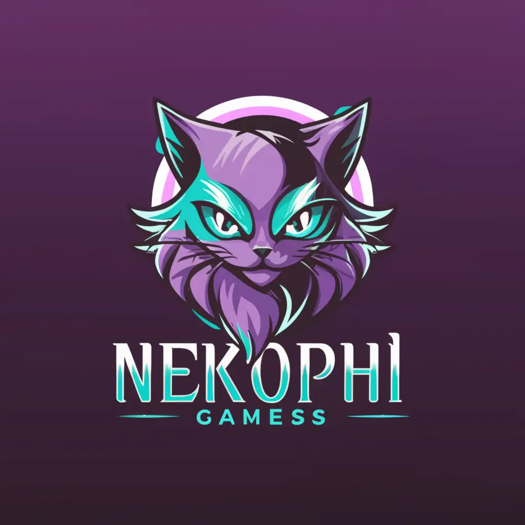 a logo design,with the text "NekoPhi Games", main symbol:clear background, purple and teal anime style neko,complex,be used in Internet industry,clear background