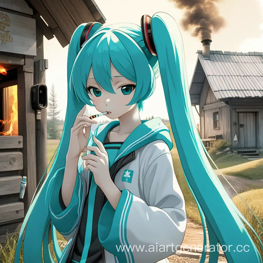 hatsune miku anime character in russian village smoking cigarette