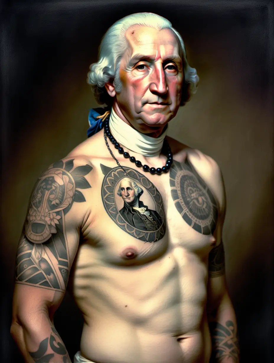 old traditional portrait of george washington with no shirt and no scarf, and he has muscles and tribal tattoos.